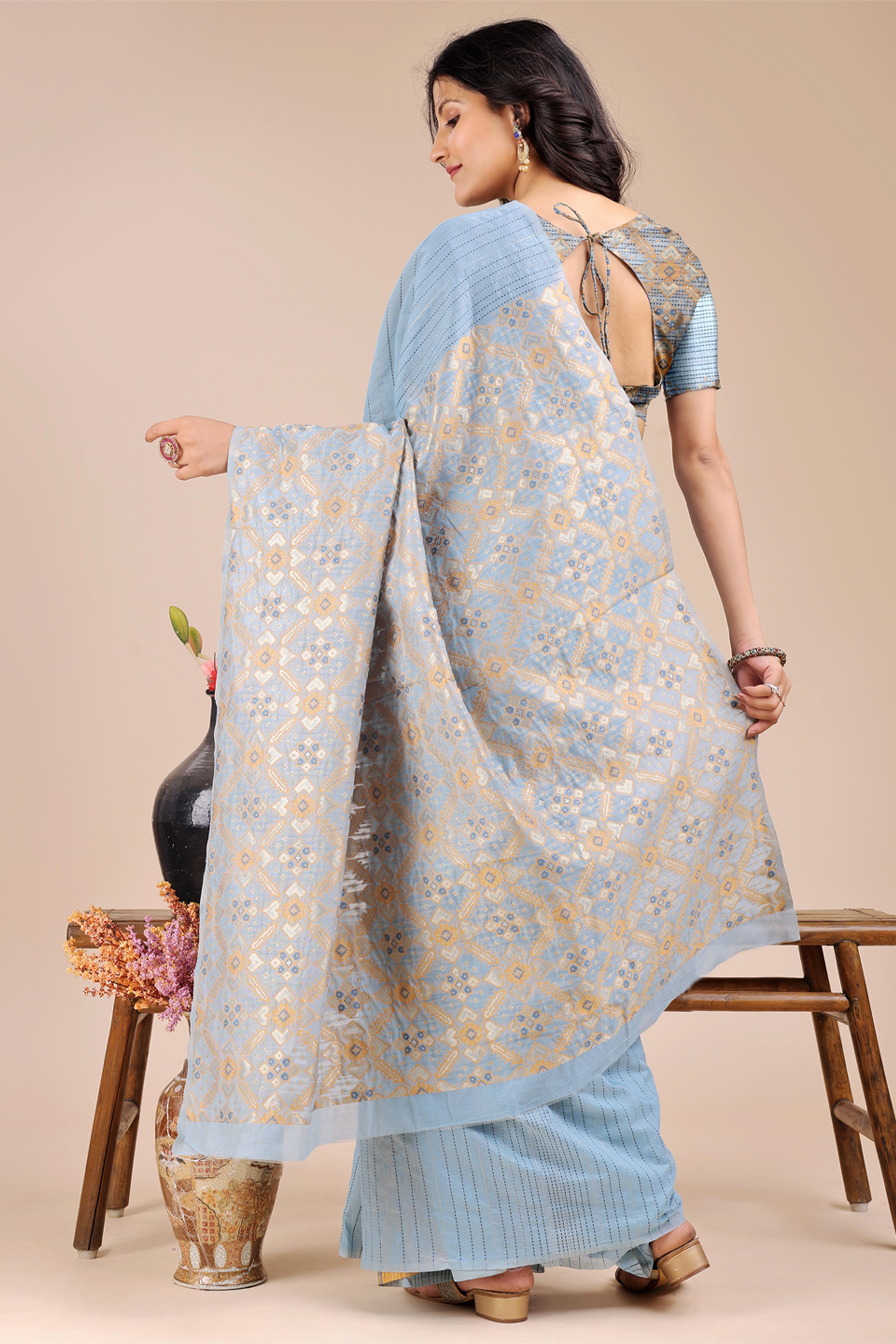 Sky Blue Saree in Cotton Silk with Heritage Inspired Zari Woven Accents