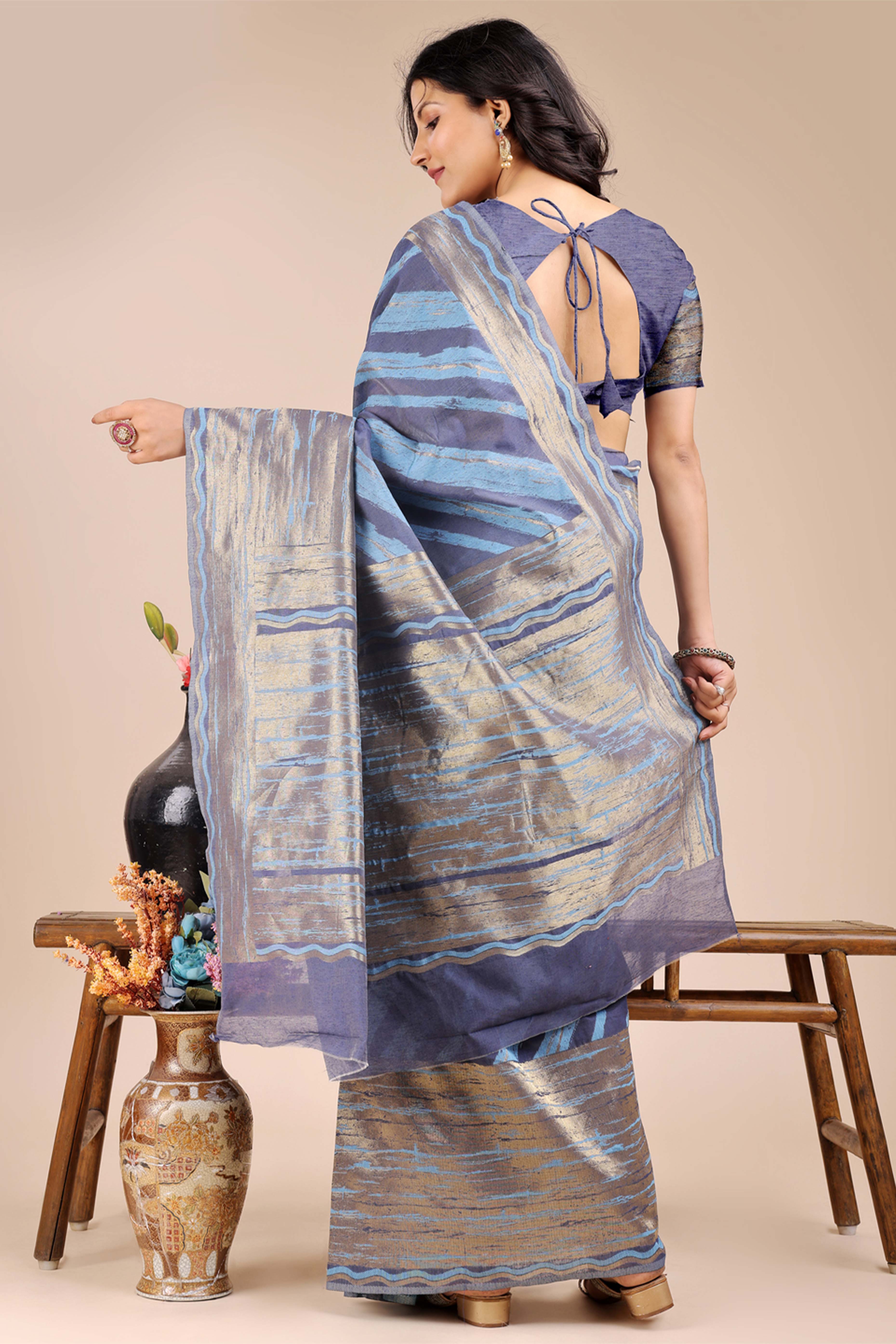 Blue Saree in Cotton Silk with Heritage Inspired Zari Woven Accents