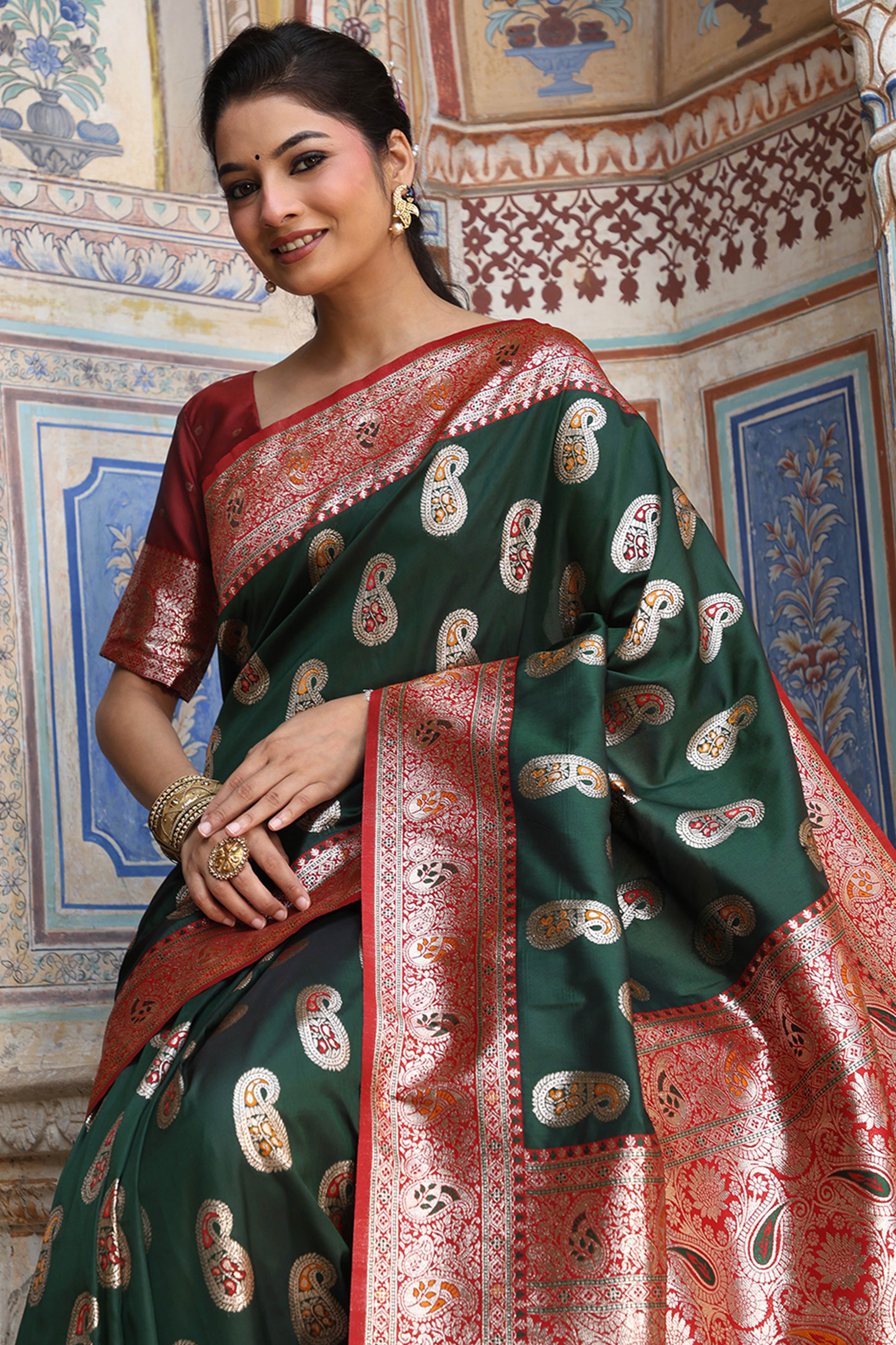 Designer Green Silk Blend Saree with Timeless Paisley Pattern in Zari Weaving