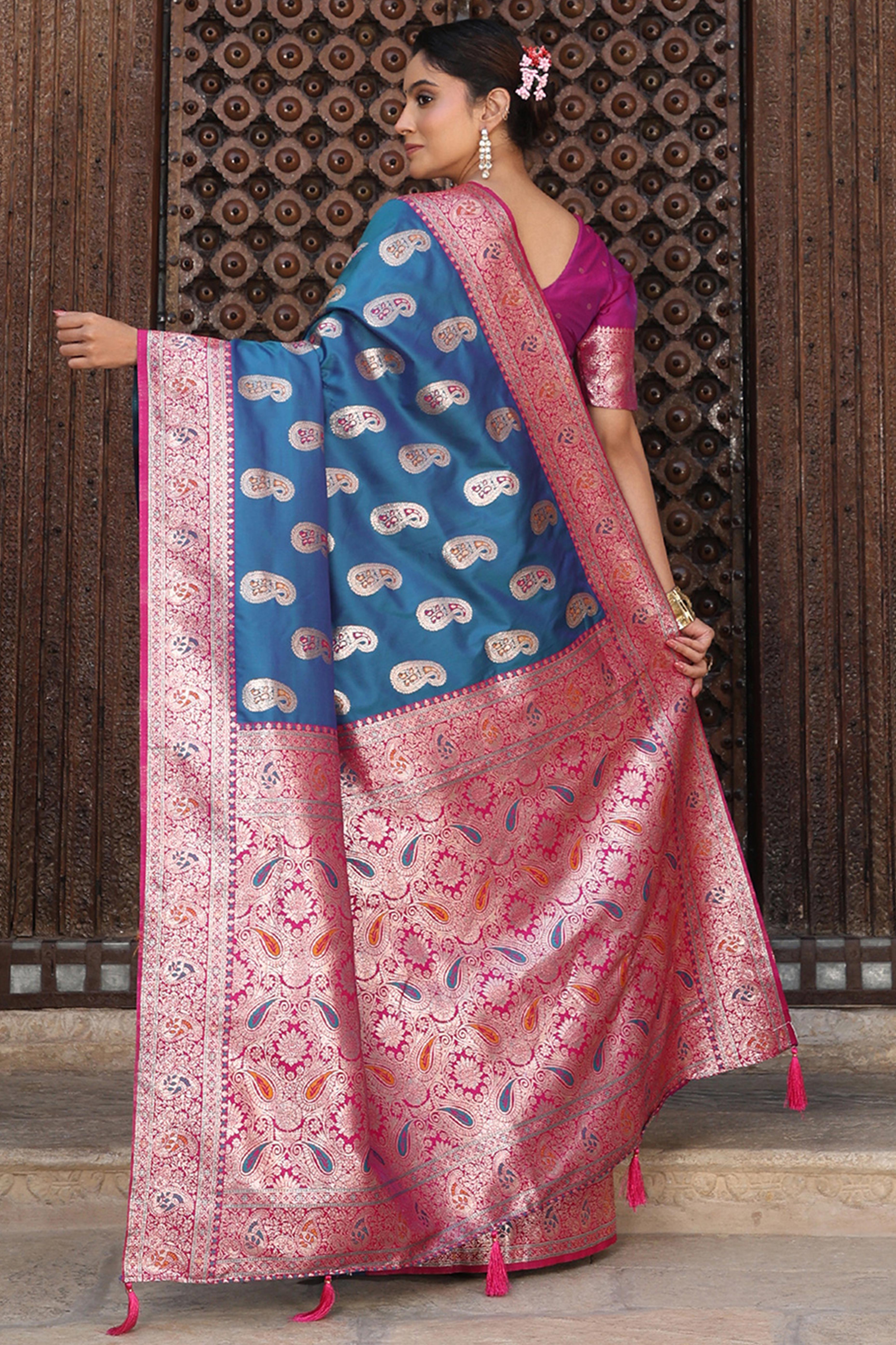 Designer Teal Silk Blend Saree with Timeless Paisley Pattern in Zari Weaving