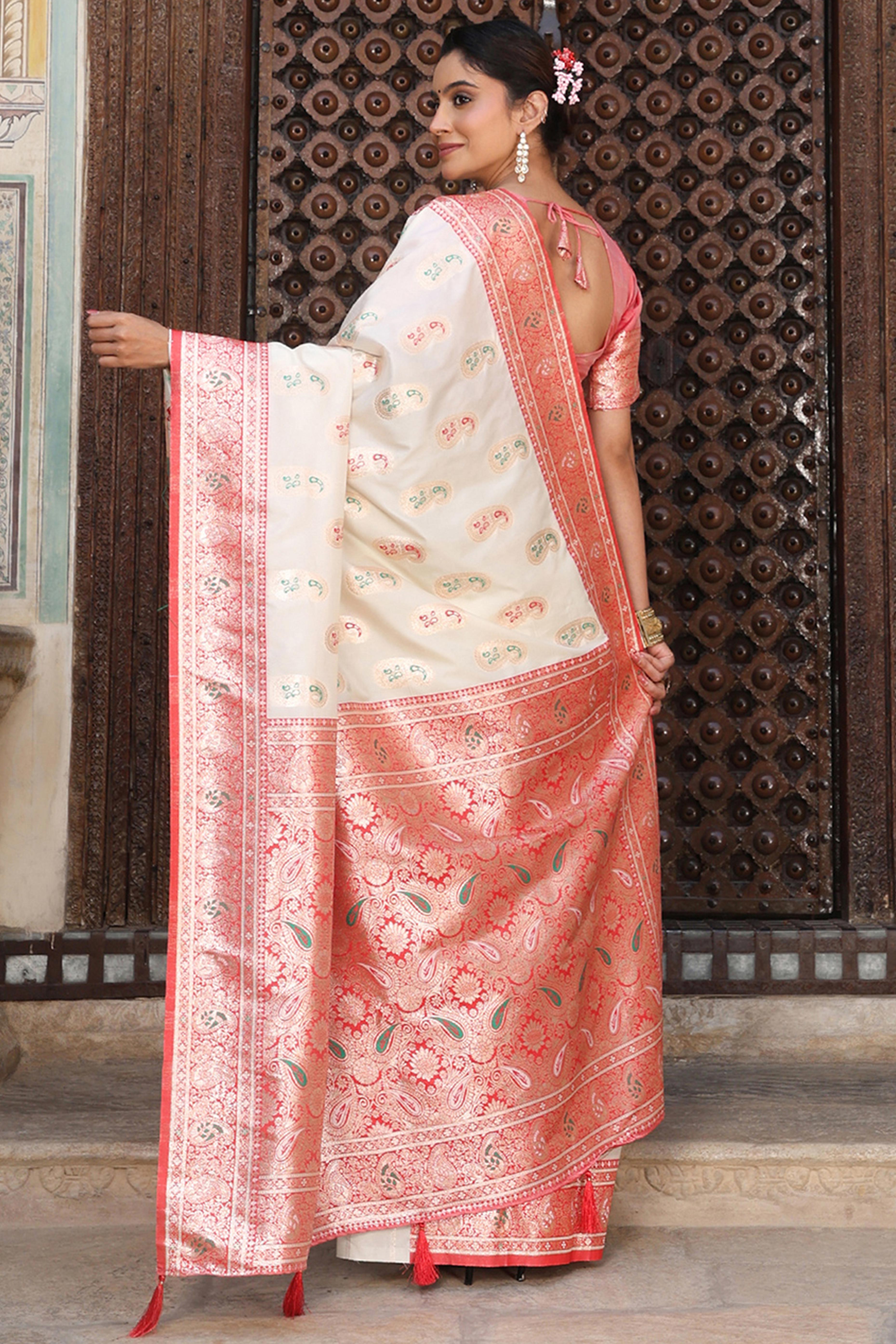 Designer Cream Silk Blend Saree with Timeless Paisley Pattern in Zari Weaving