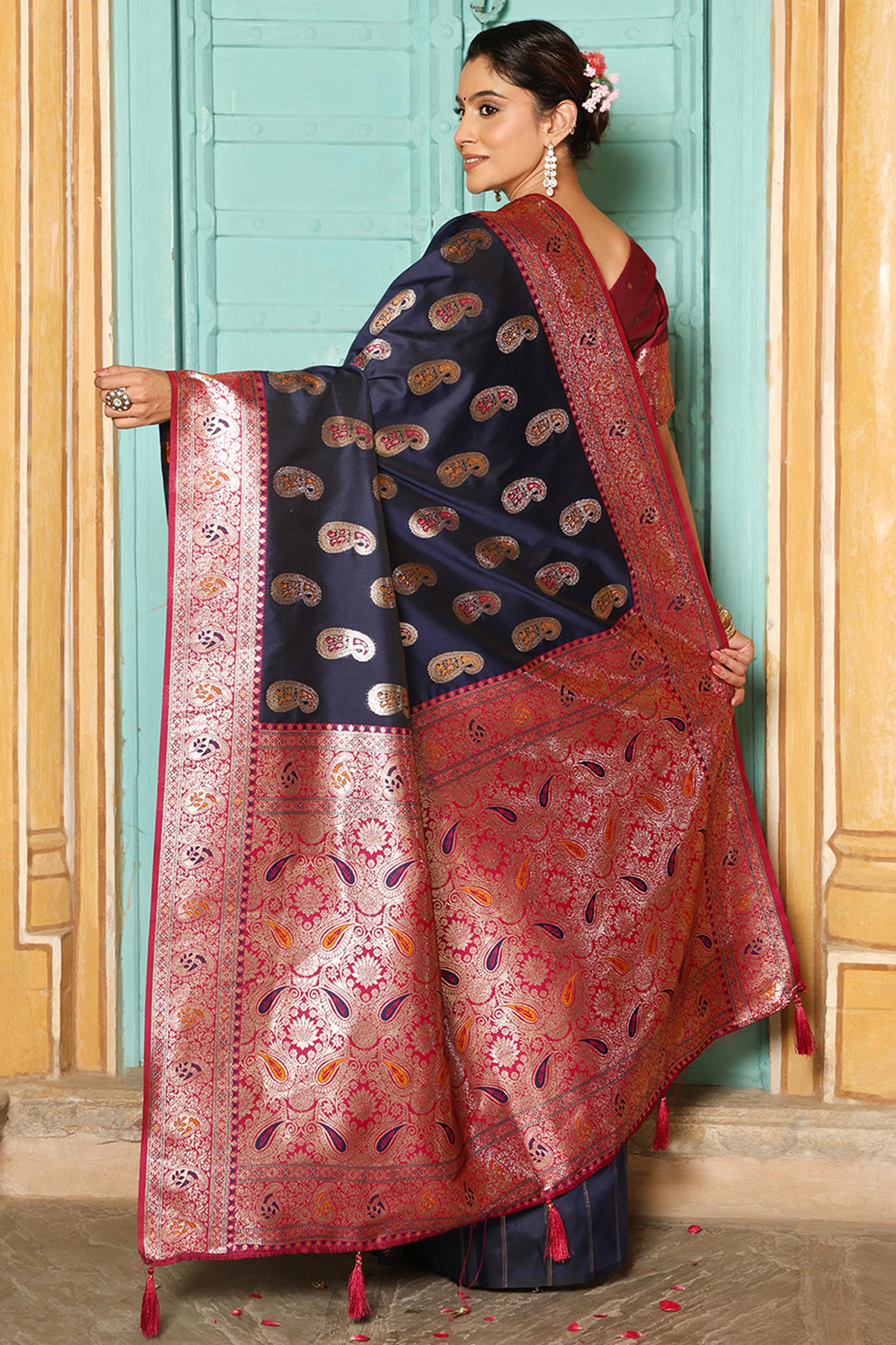 Designer Navy Blue Silk Blend Saree with Timeless Paisley Pattern in Zari Weaving