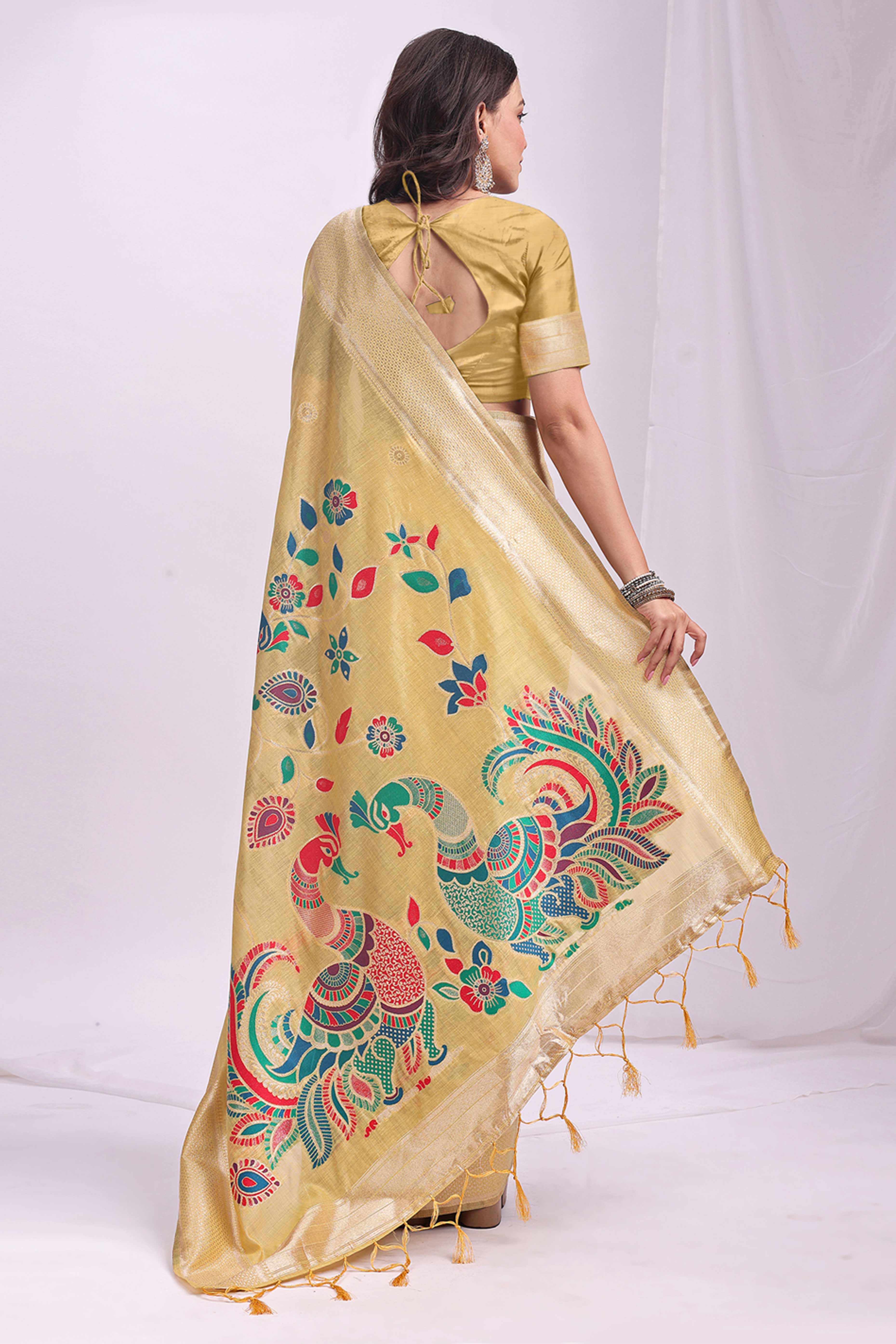 Yelllow Floral Woven Linen Cotton Saree Accented With Peacock Motif Pallu & Zari Border