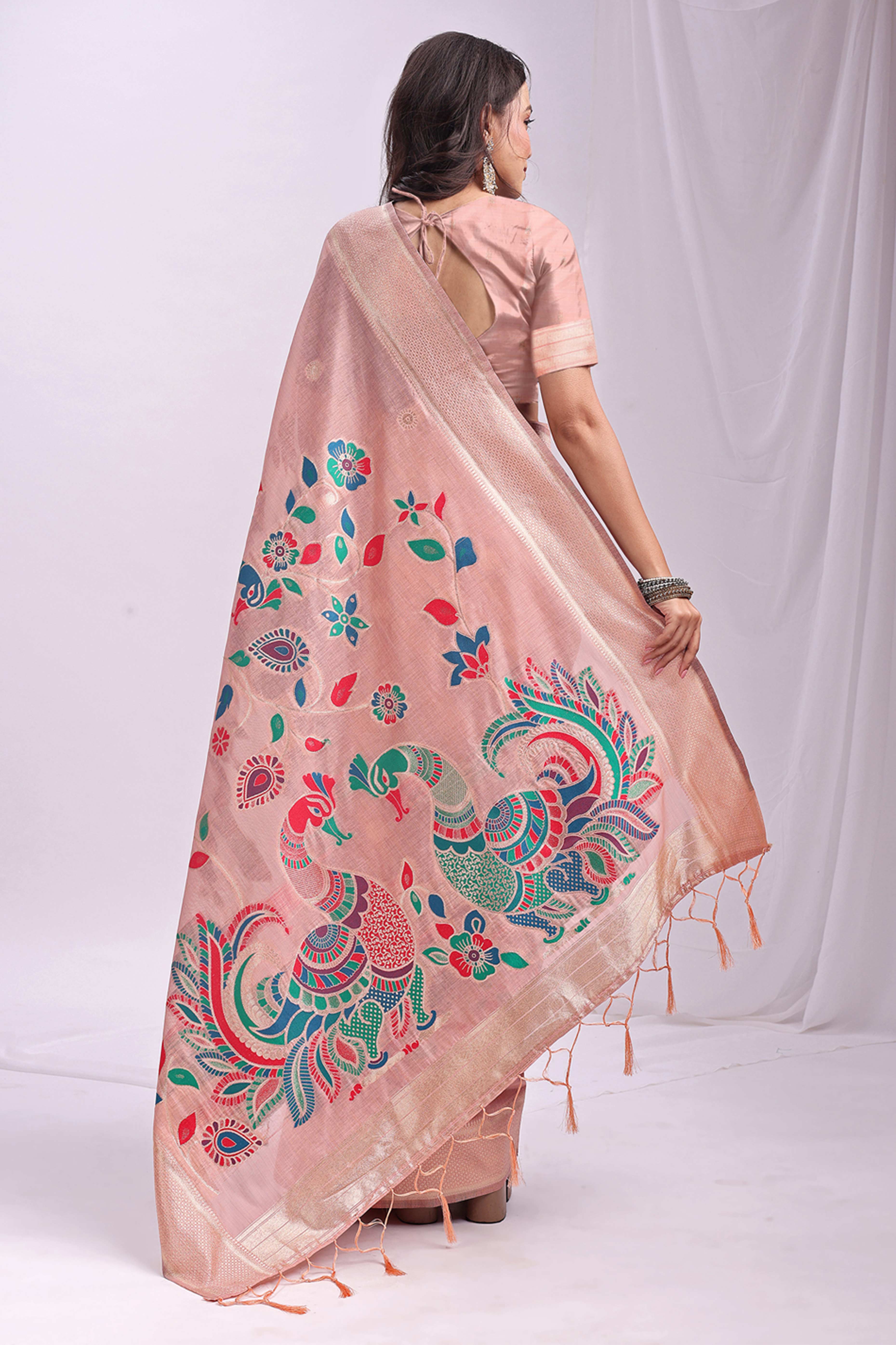 Peach Floral Woven Linen Cotton Saree Accented With Peacock Motif Pallu & Zari Border