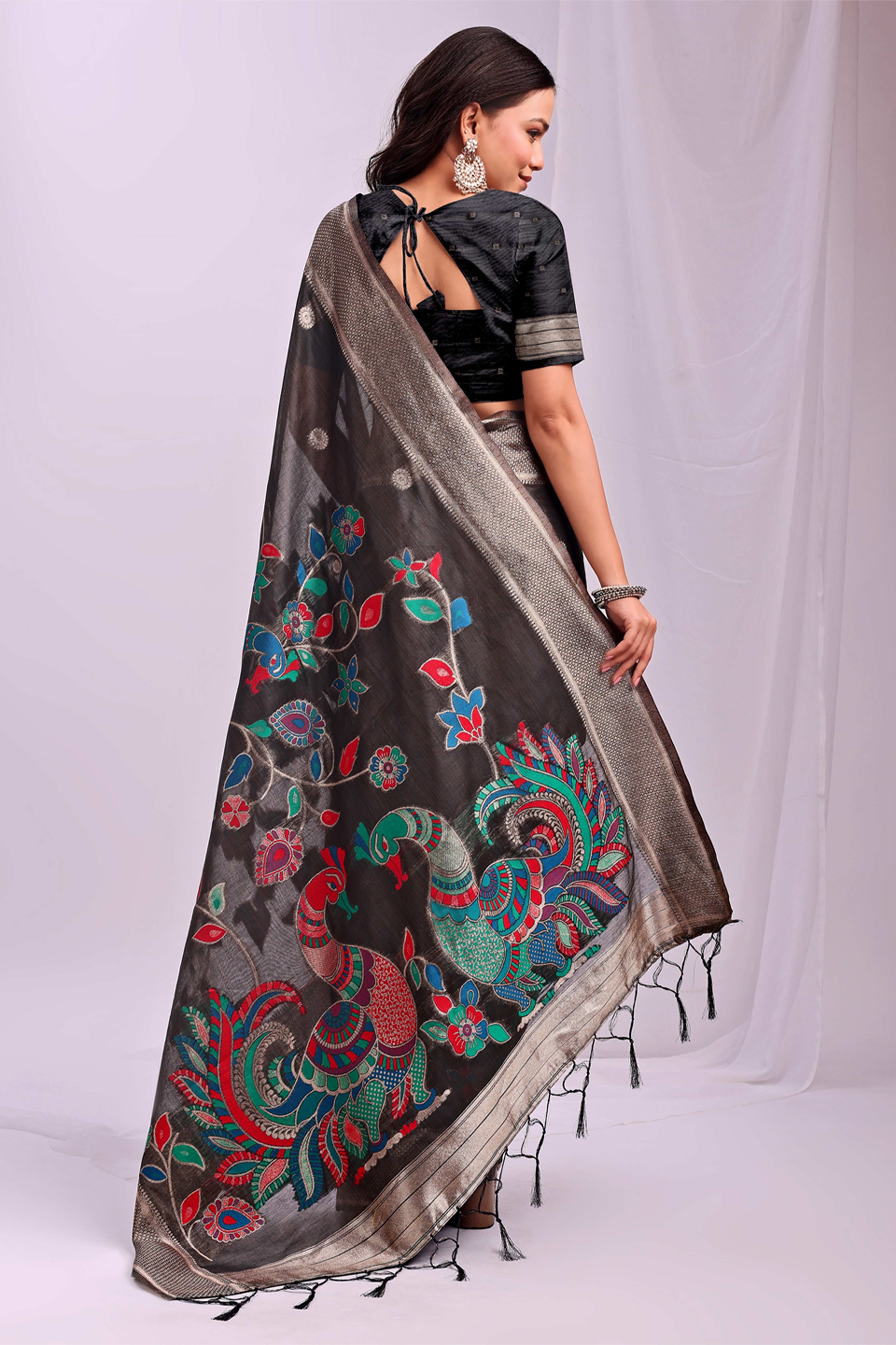 Black Floral Woven Linen Cotton Saree Accented With Peacock Motif Pallu & Zari Border