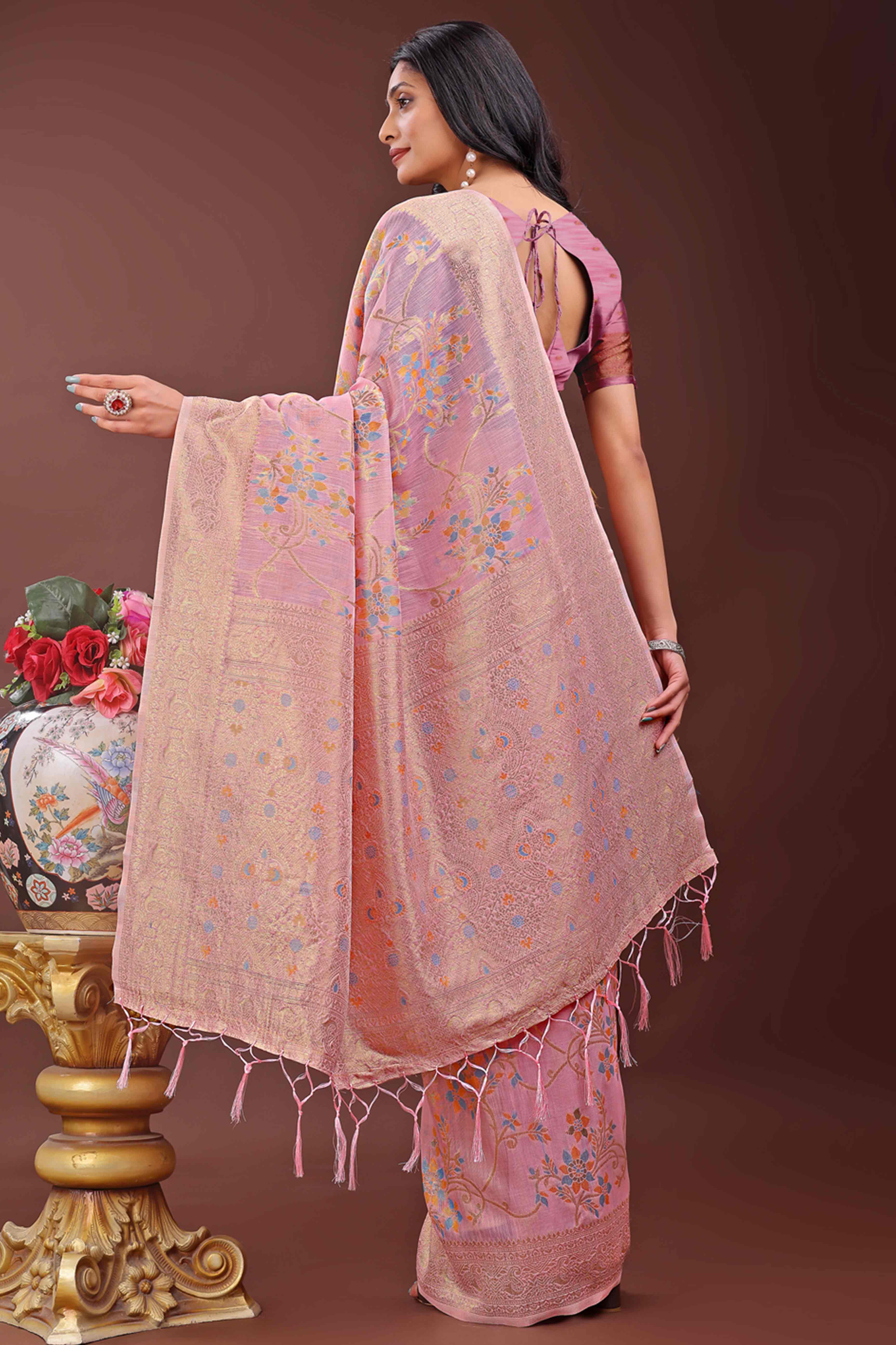 Light Pink Linen Cotton Saree With Intricate Floral Zari Weaving & Tassel Edge