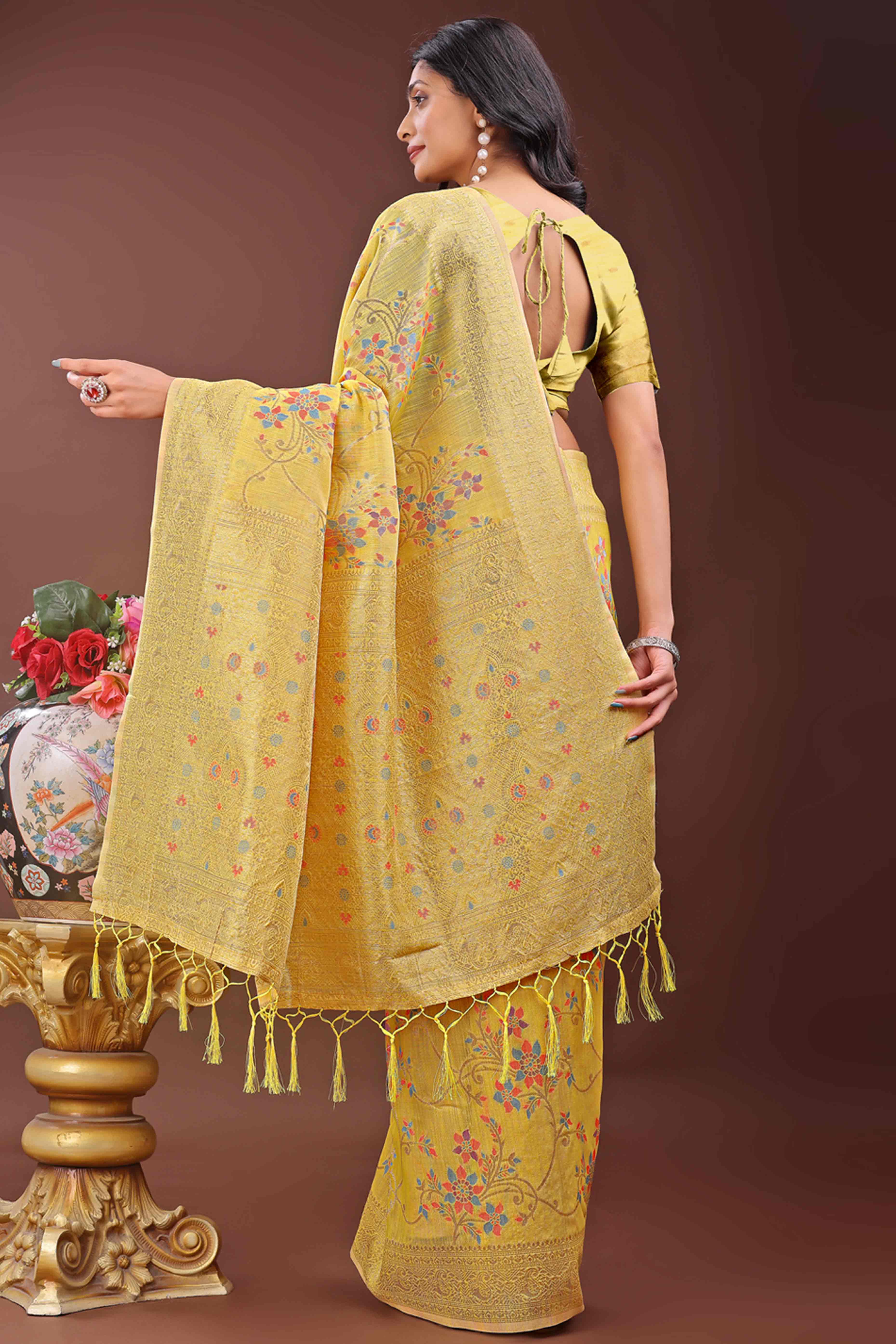 Yellow Linen Cotton Saree With Intricate Floral Zari Weaving & Tassel Edge