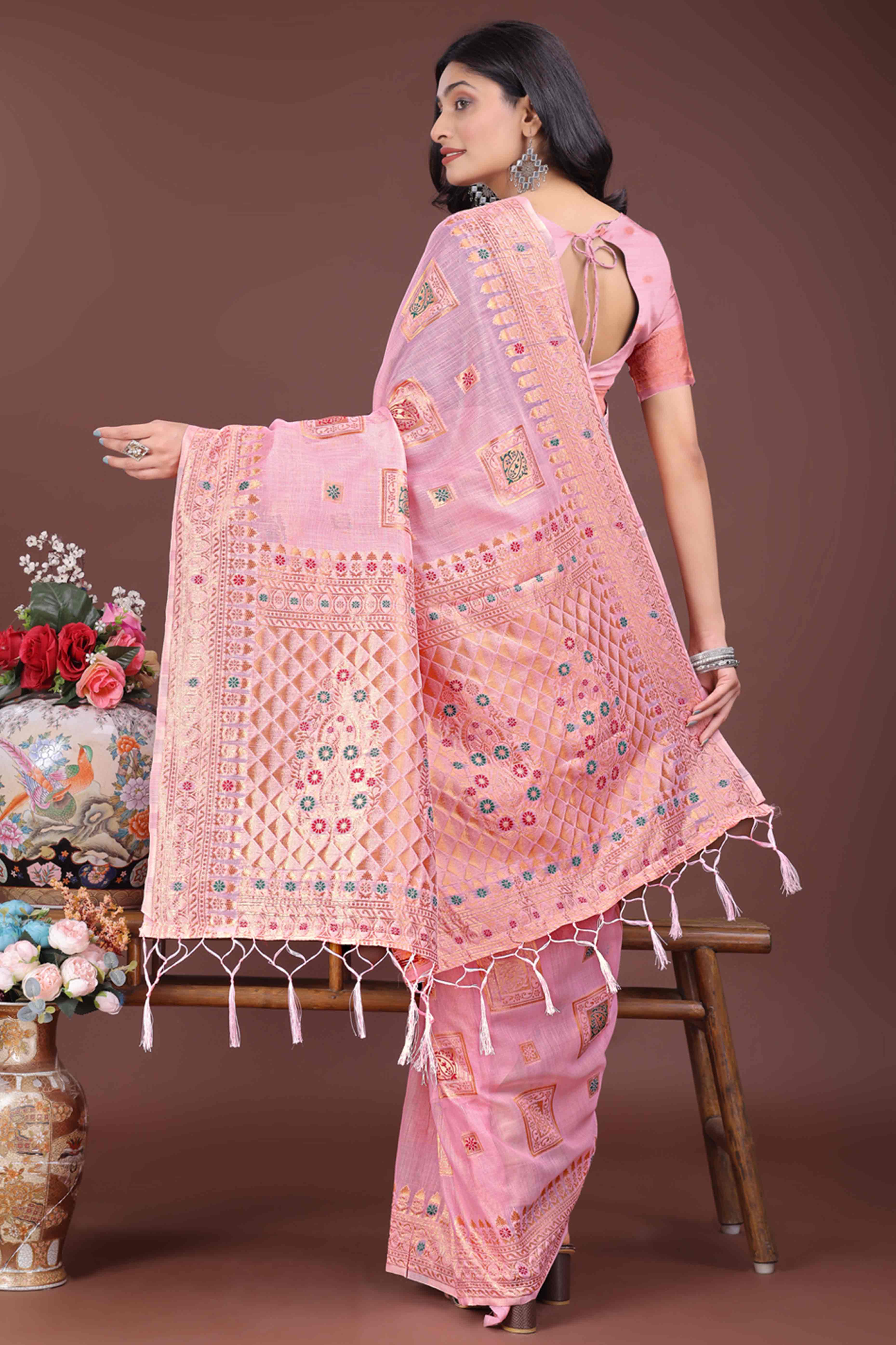 Stunning Floral Zari Weaving Embellished Pink Saree In Linen Cotton with Tassel Accents