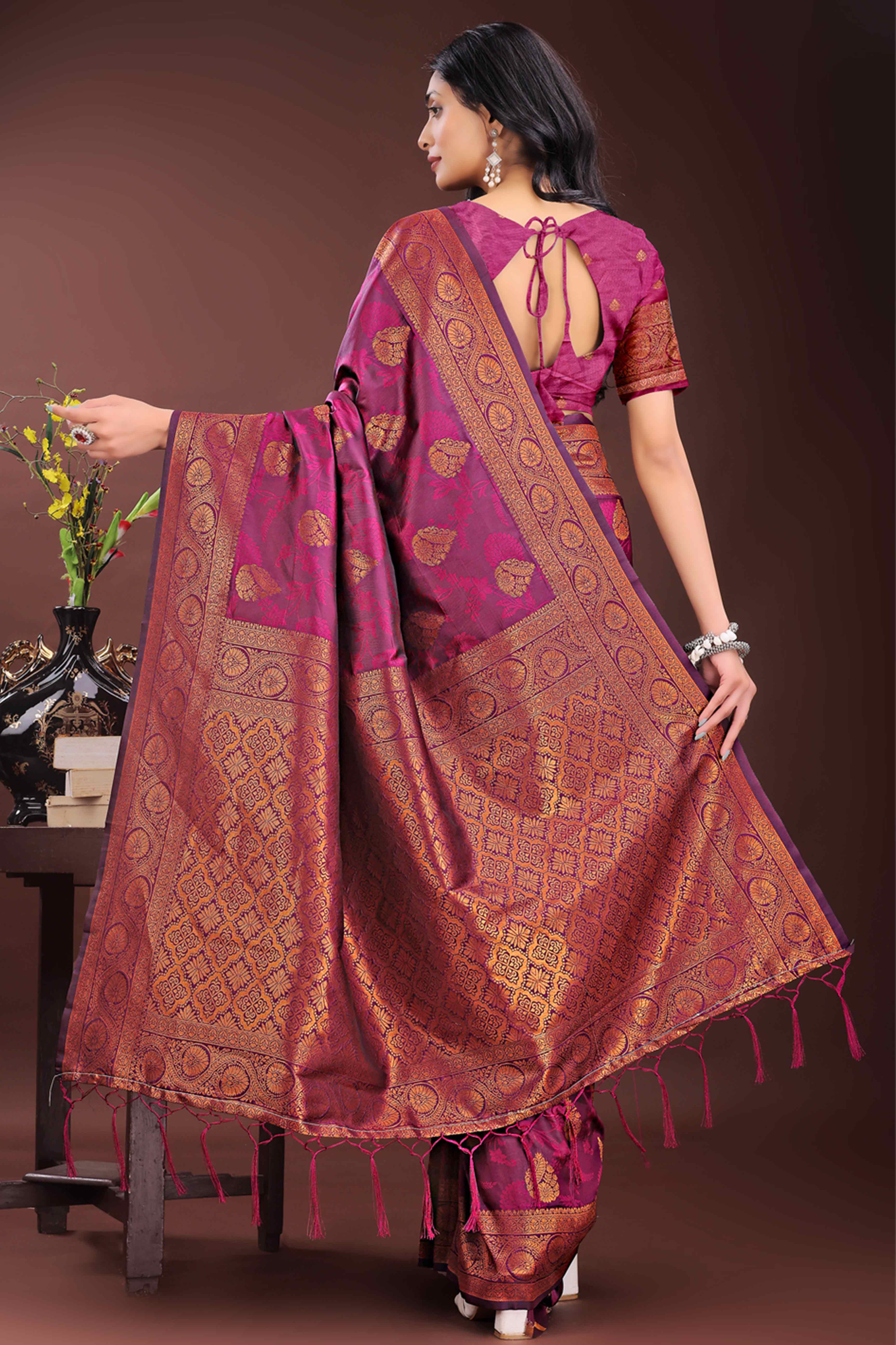 Purple Banarasi Saree in Silk with Intricately Woven Zari Florals
