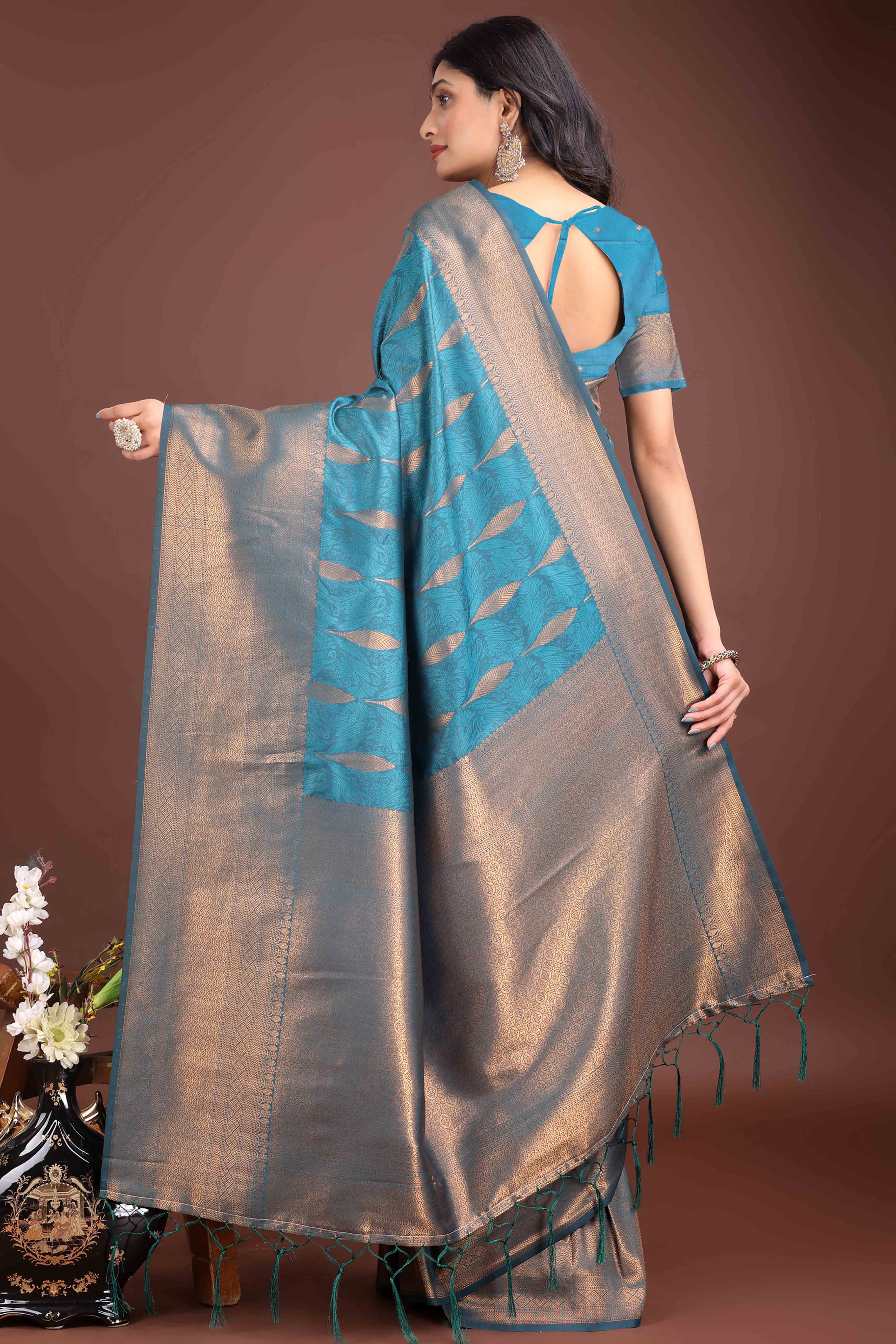 Morpich Blue Zari Woven Banarasi Silk Saree With Timeless Tassel Border