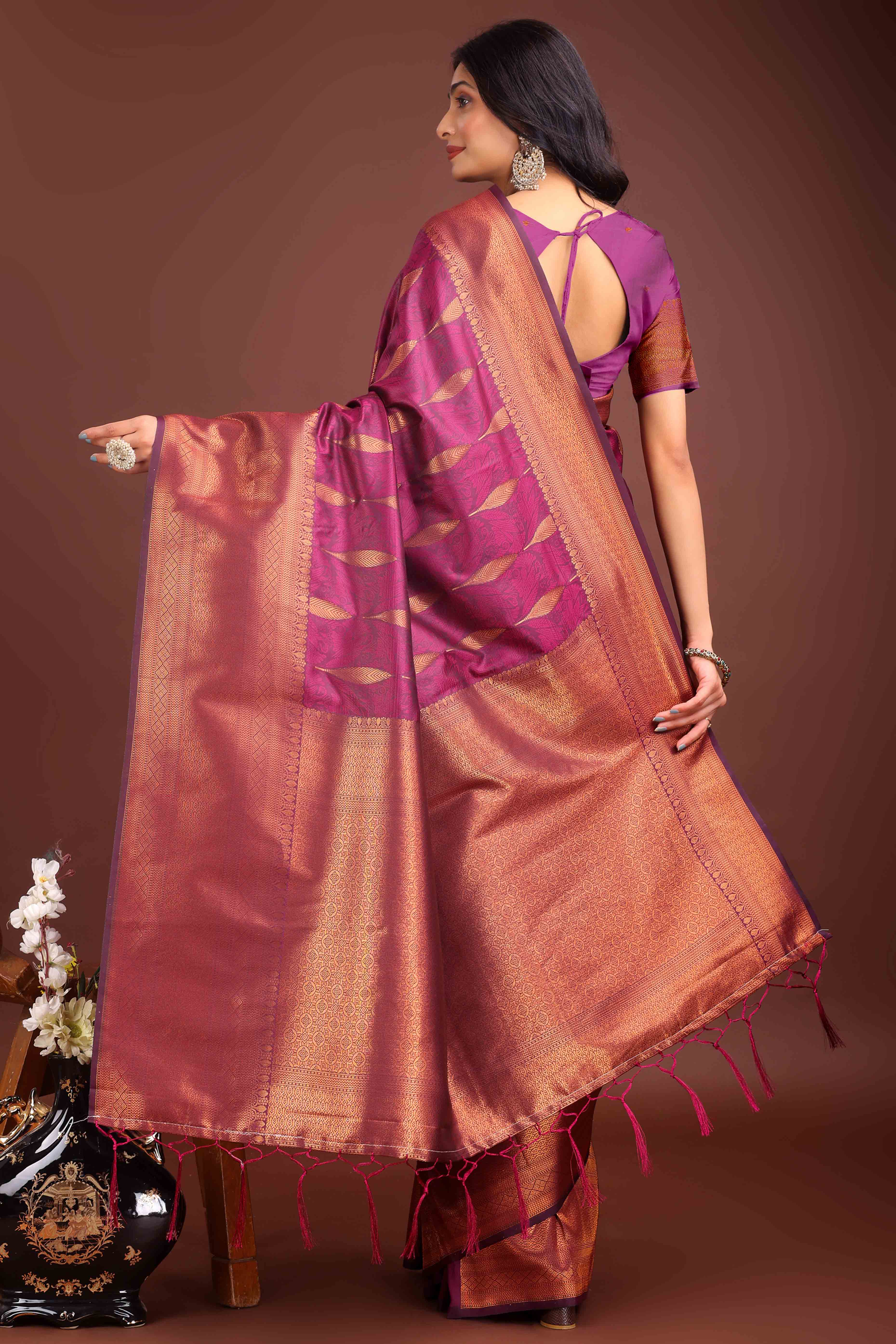 Magenta Zari Woven Banarasi Silk Saree With Timeless Tassel Border