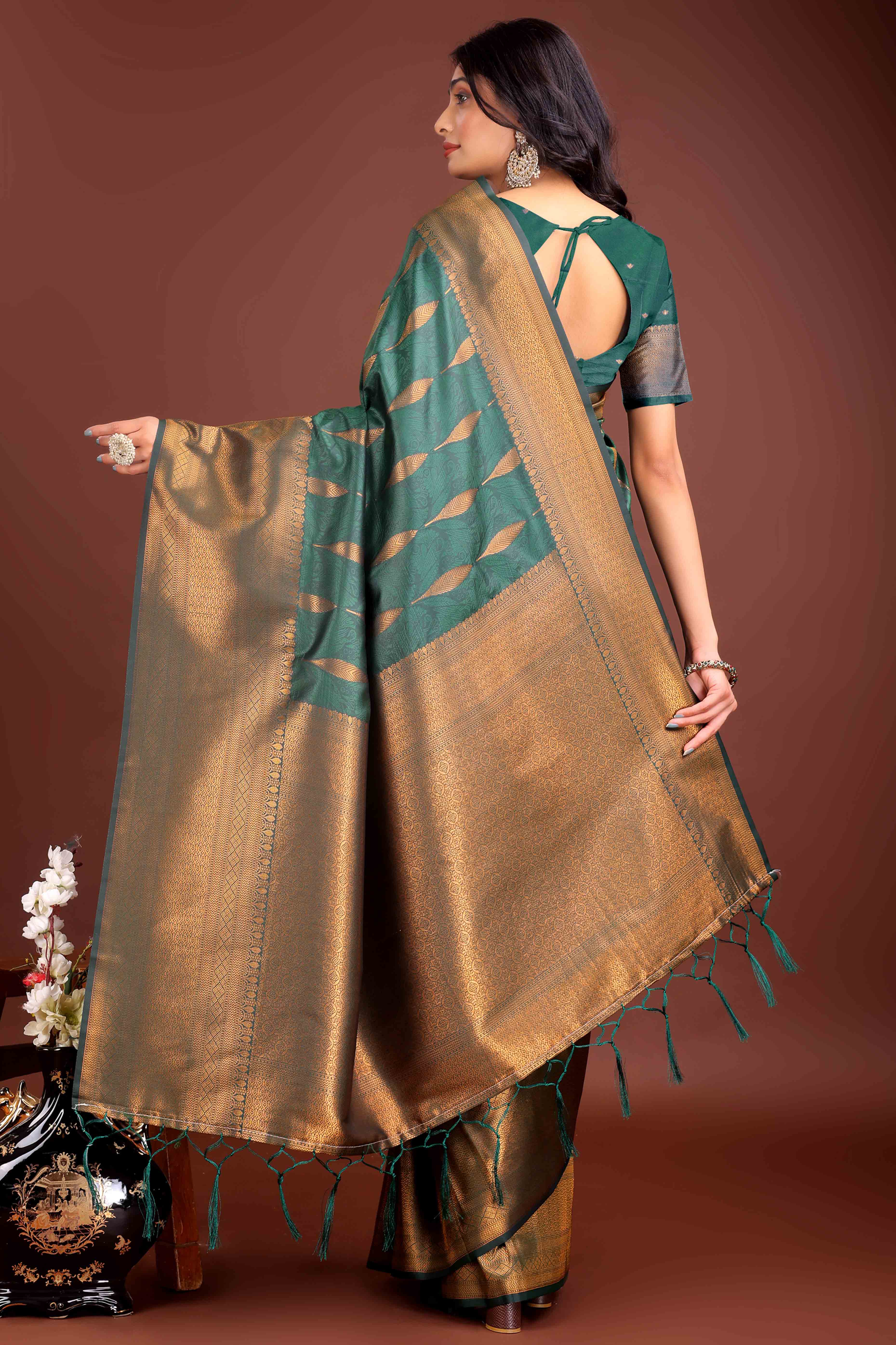 Green Zari Woven Banarasi Silk Saree With Timeless Tassel Border