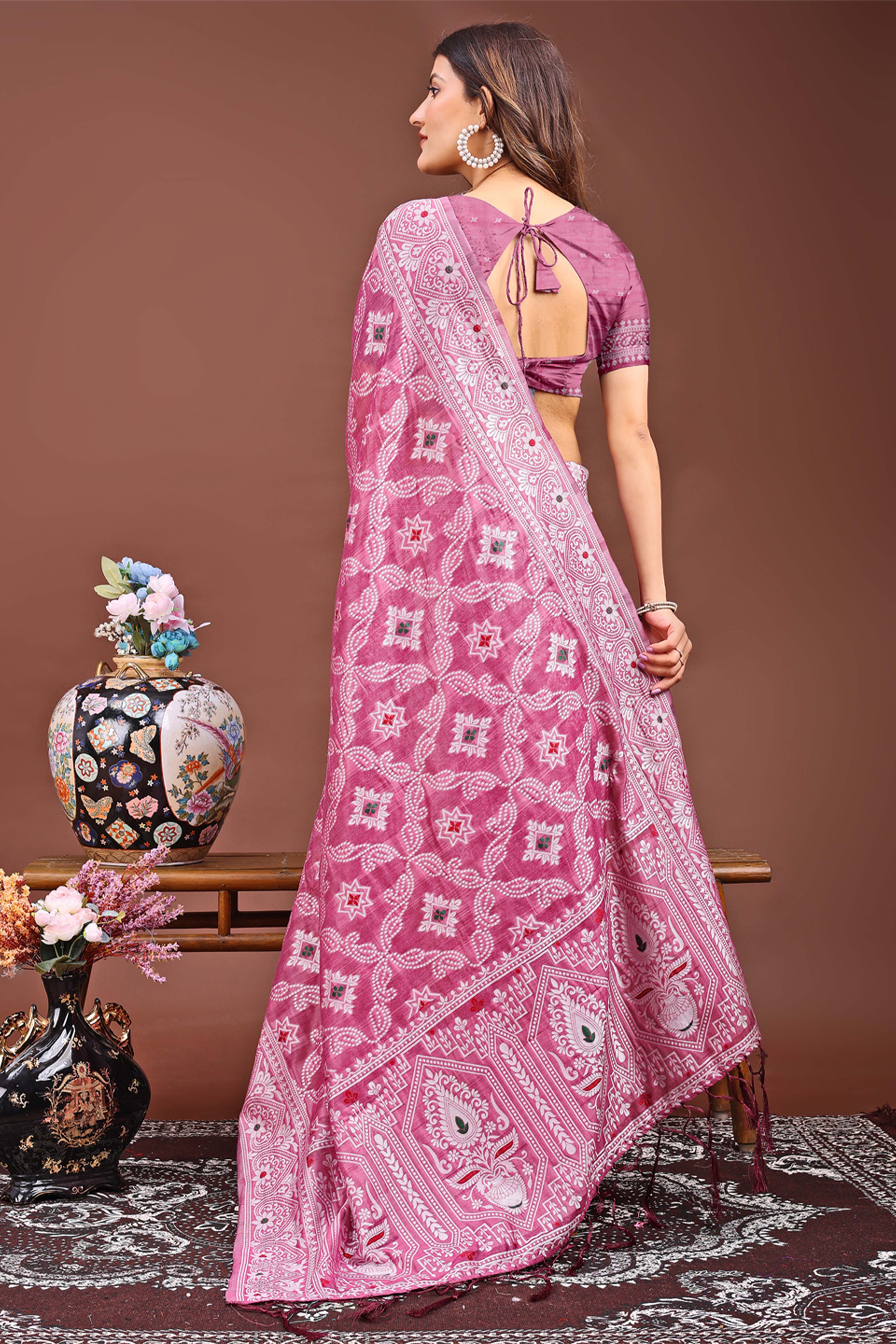 Traditional Bandhani Inspired Woven Pink Saree in Breathable Linen Cotton