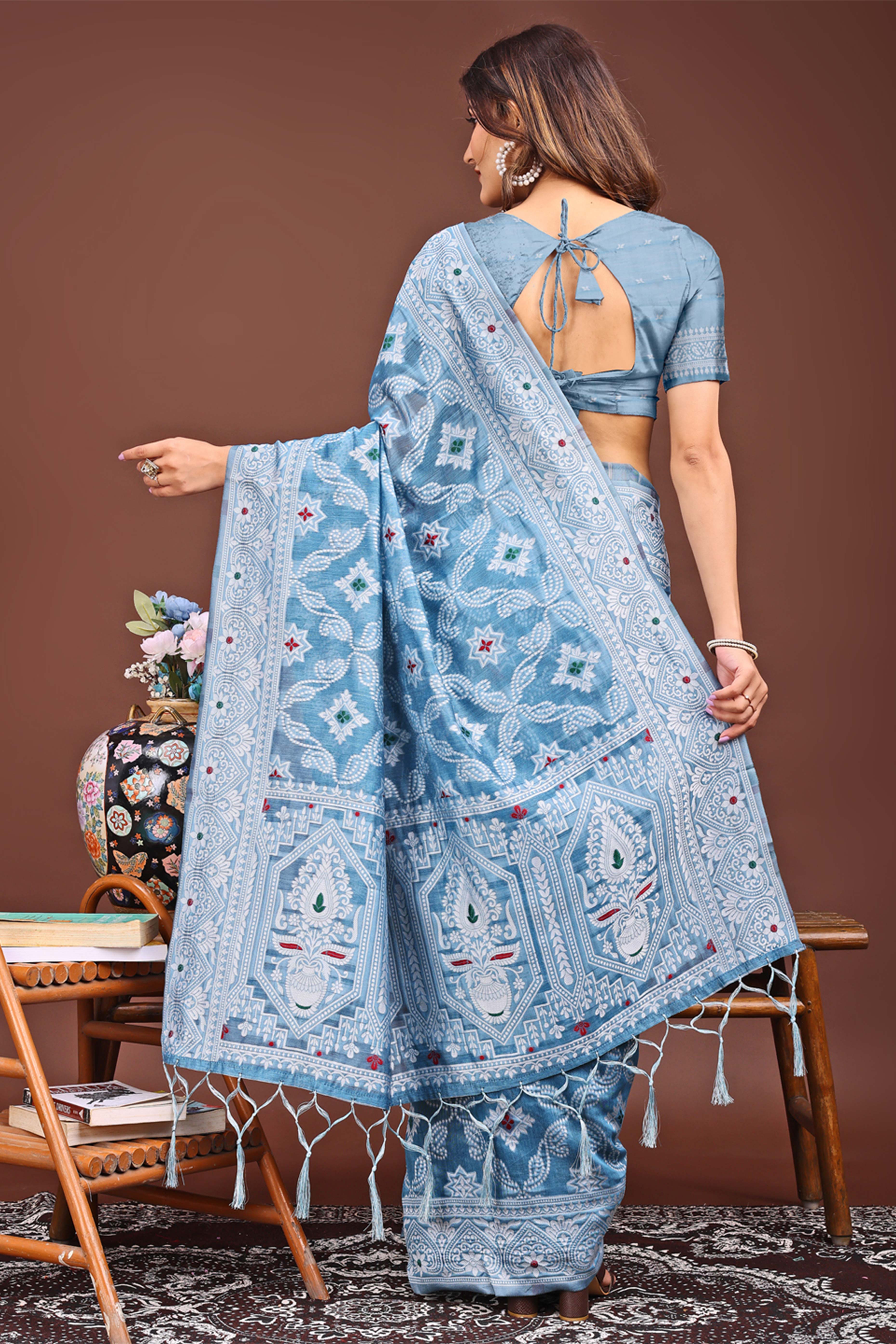Traditional Bandhani Inspired Woven Sky Blue Saree in Breathable Linen Cotton