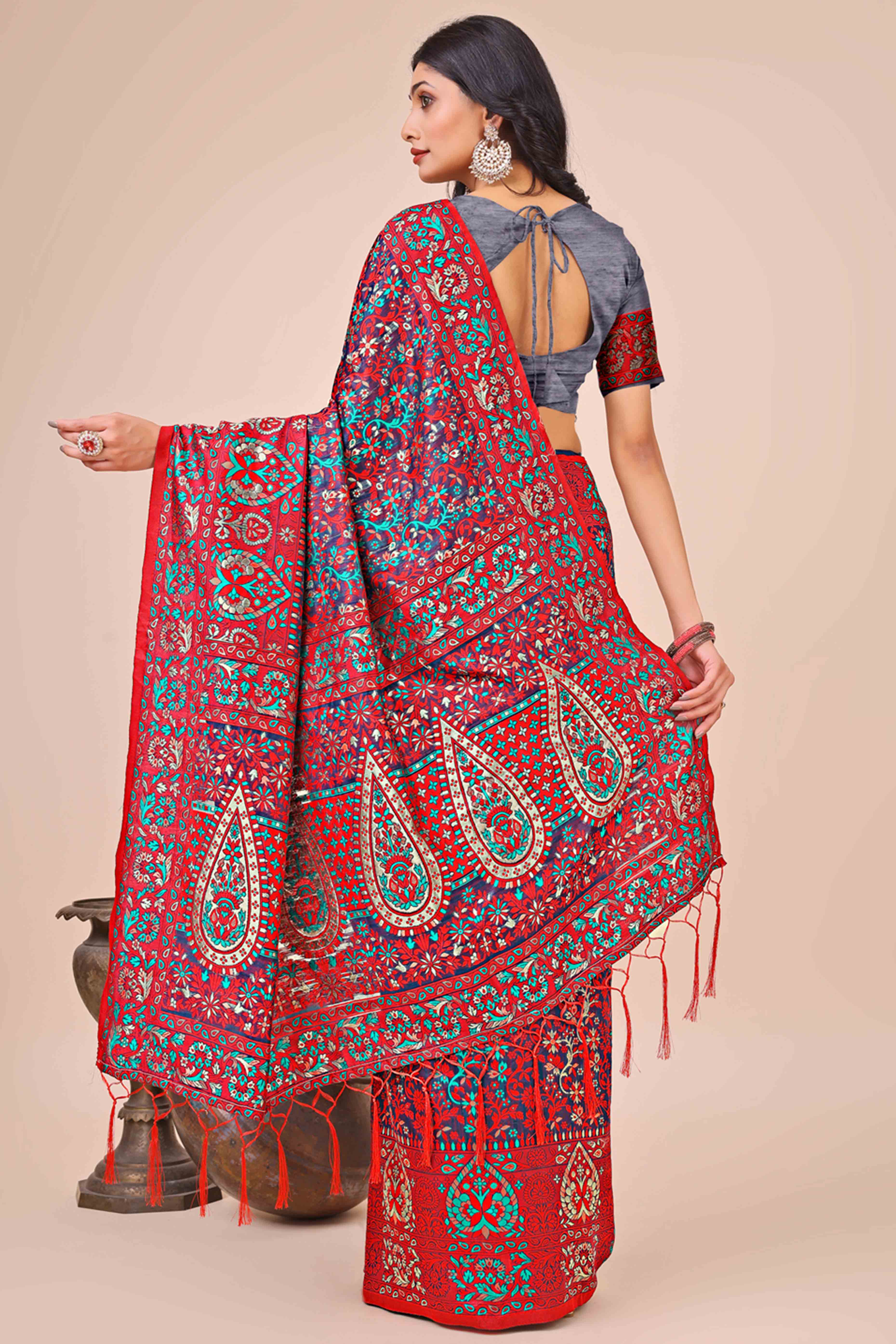 Red & Blue Floral Woven Cotton Blend Saree With A Breezy Tassel Finish