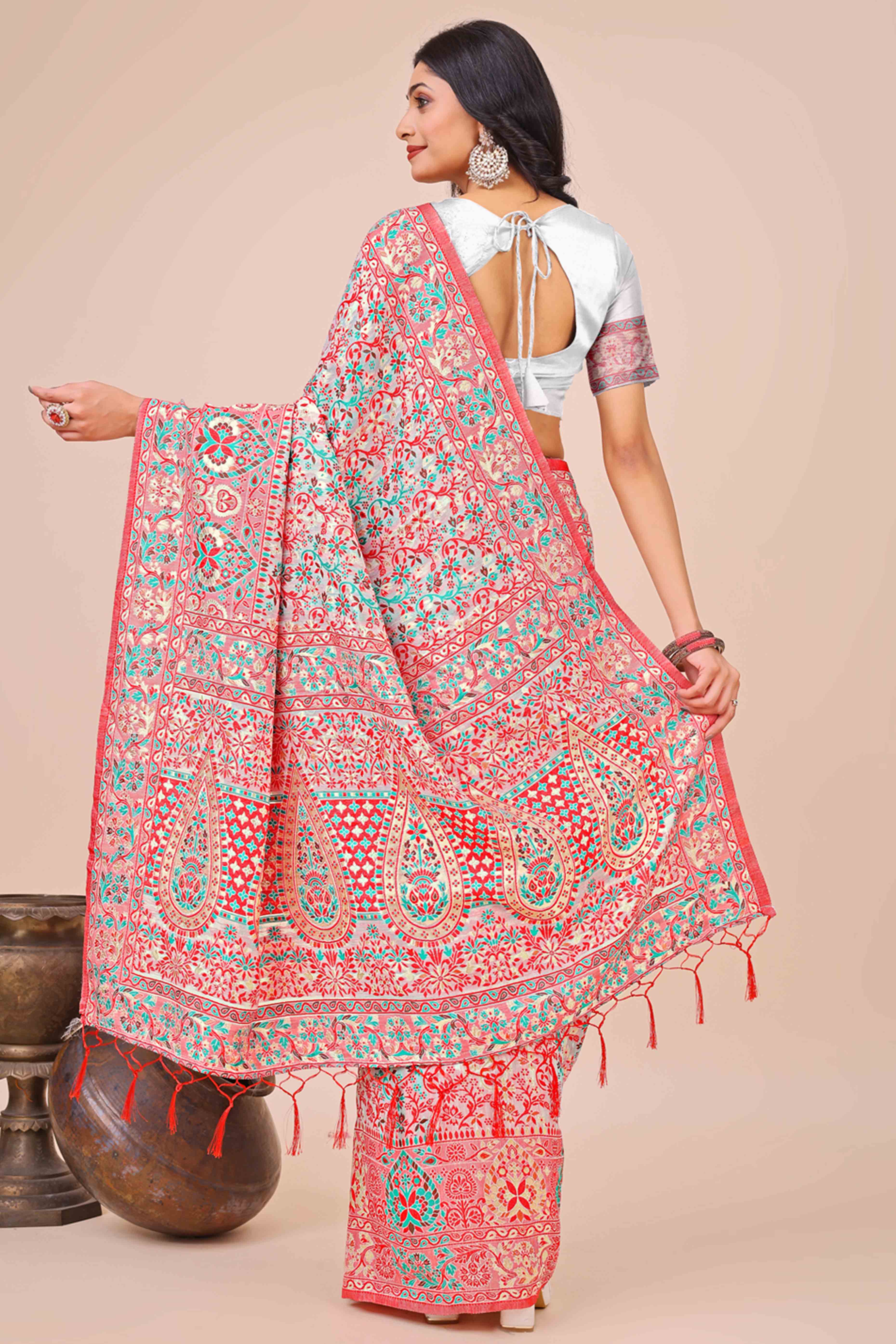 White Floral Woven Cotton Blend Saree With A Breezy Tassel Finish