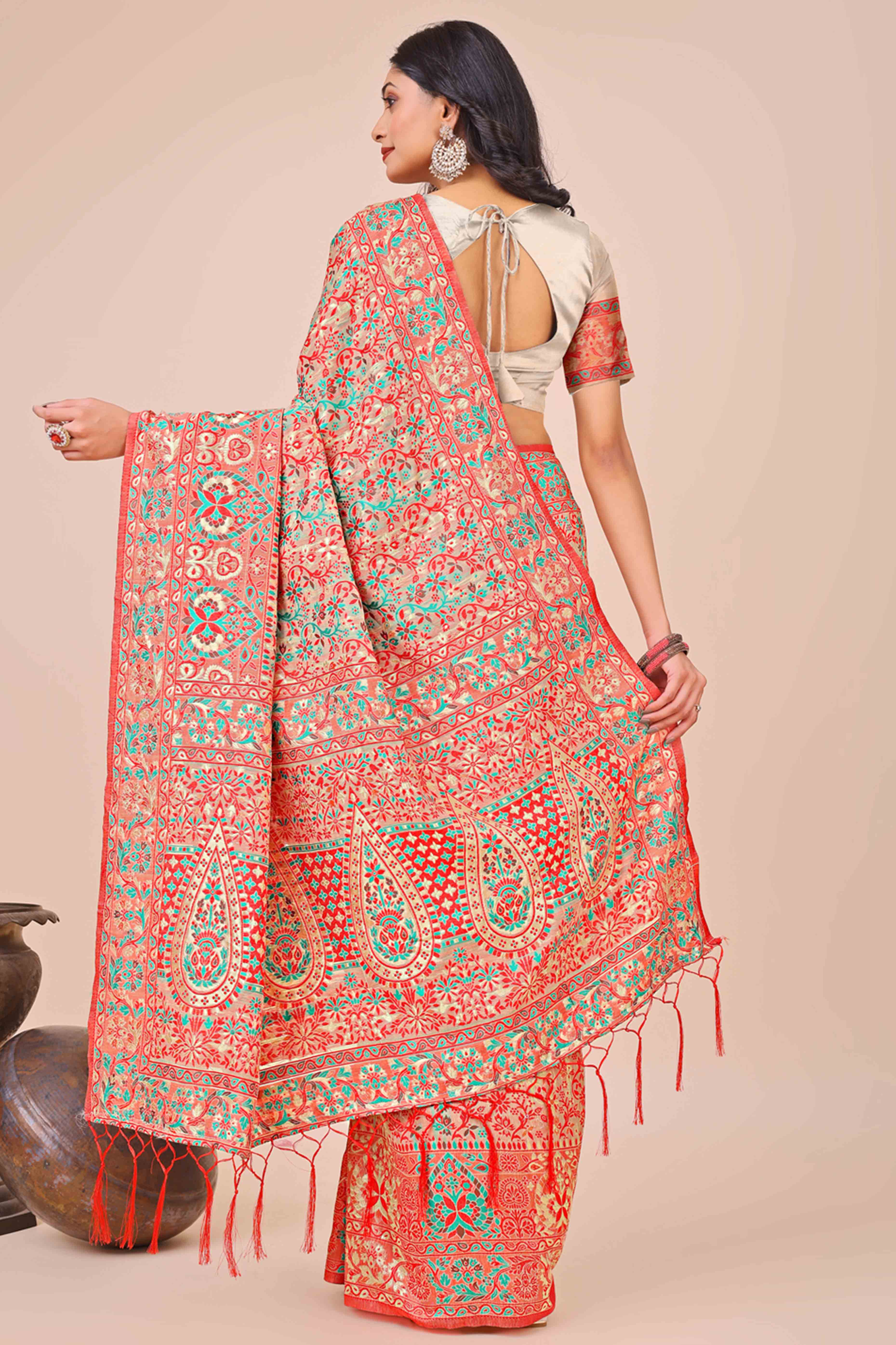 Cream Floral Woven Cotton Blend Saree With A Breezy Tassel Finish