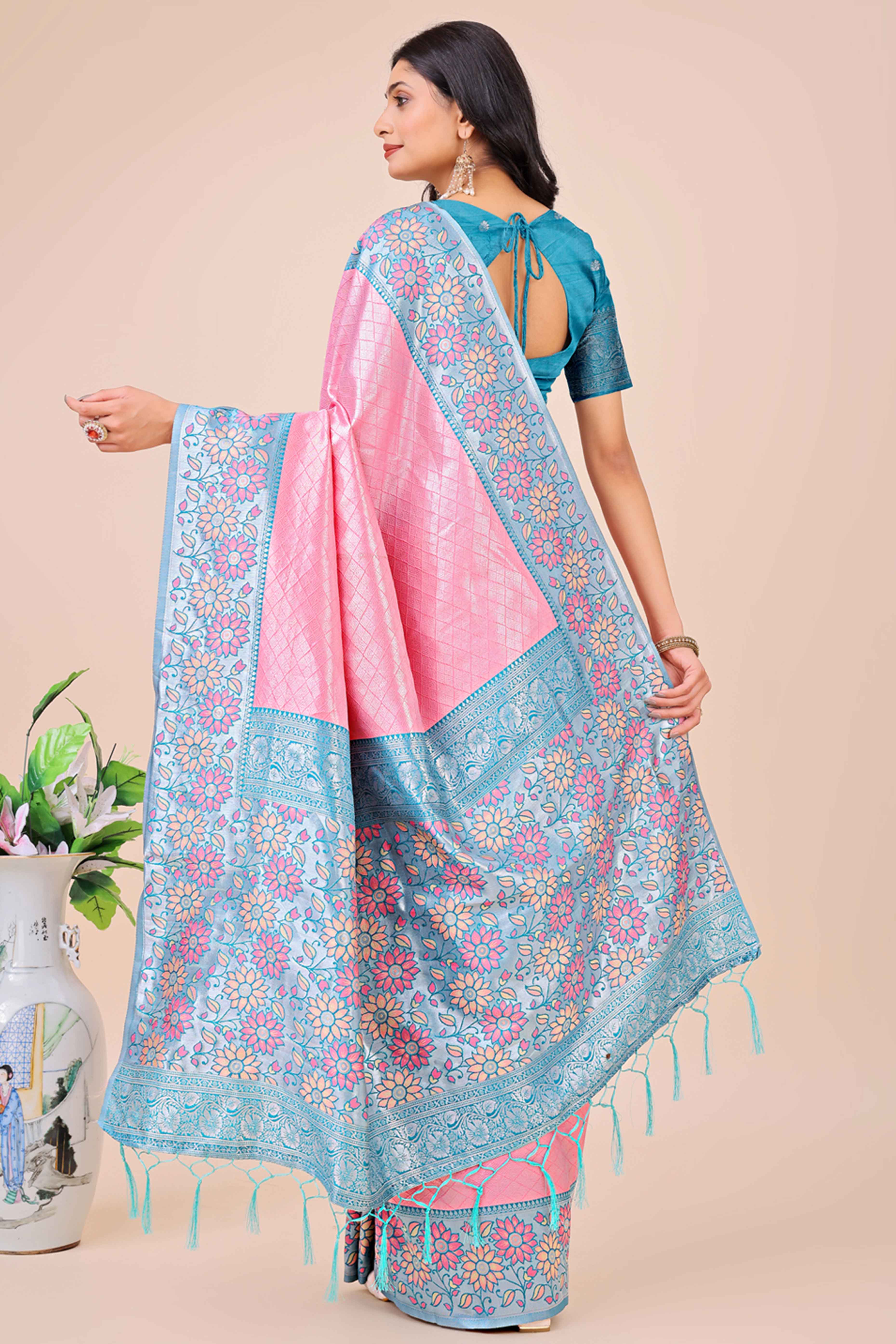 Pink Lichi Silk Blend Saree With Exquisite Floral Weaving & Graceful Tassel Details