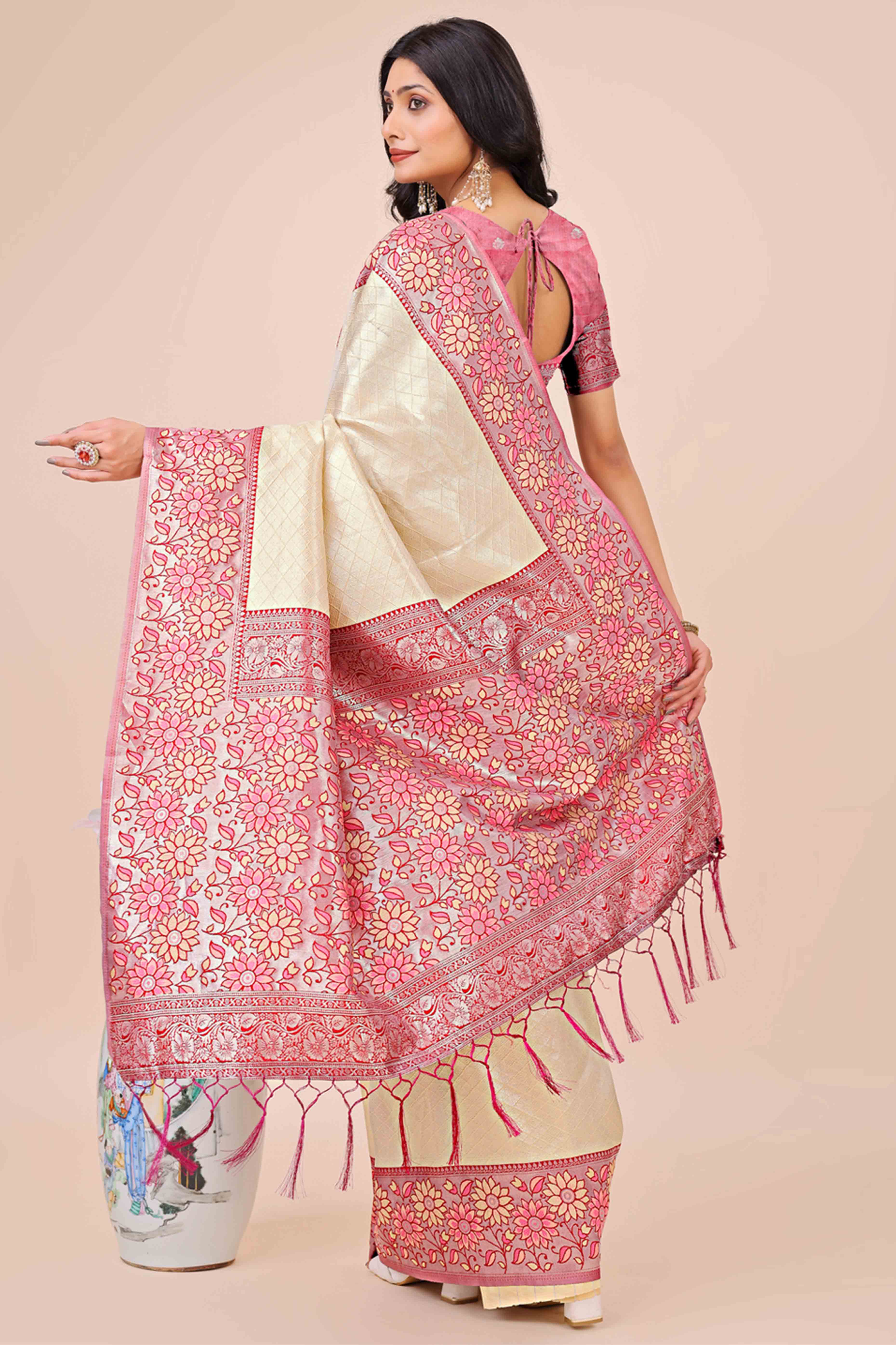 Cream Lichi Silk Blend Saree With Exquisite Floral Weaving & Graceful Tassel Details