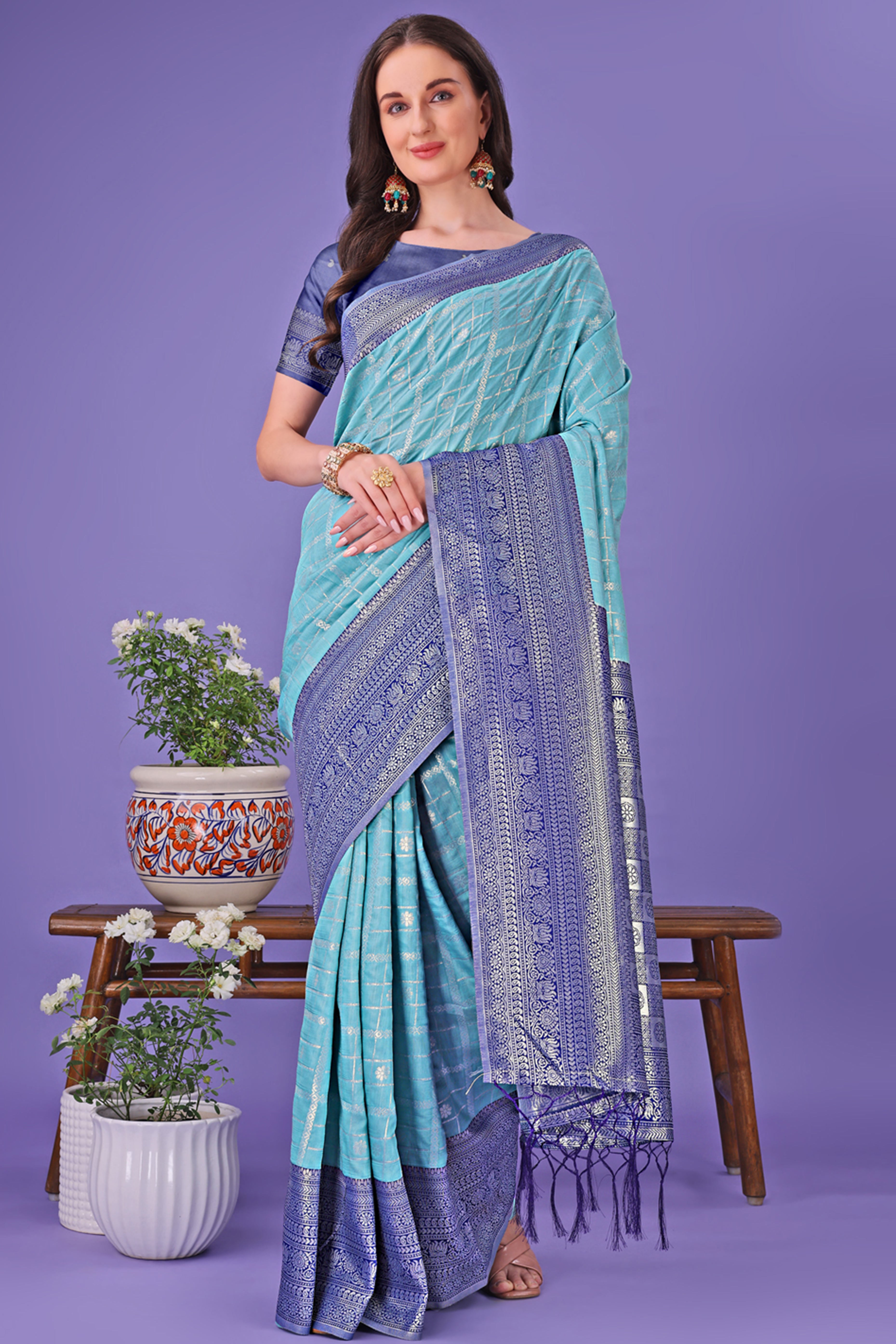 Sky Blue Banarasi Weave in Checked Design with Lustrous Zari Embellishments