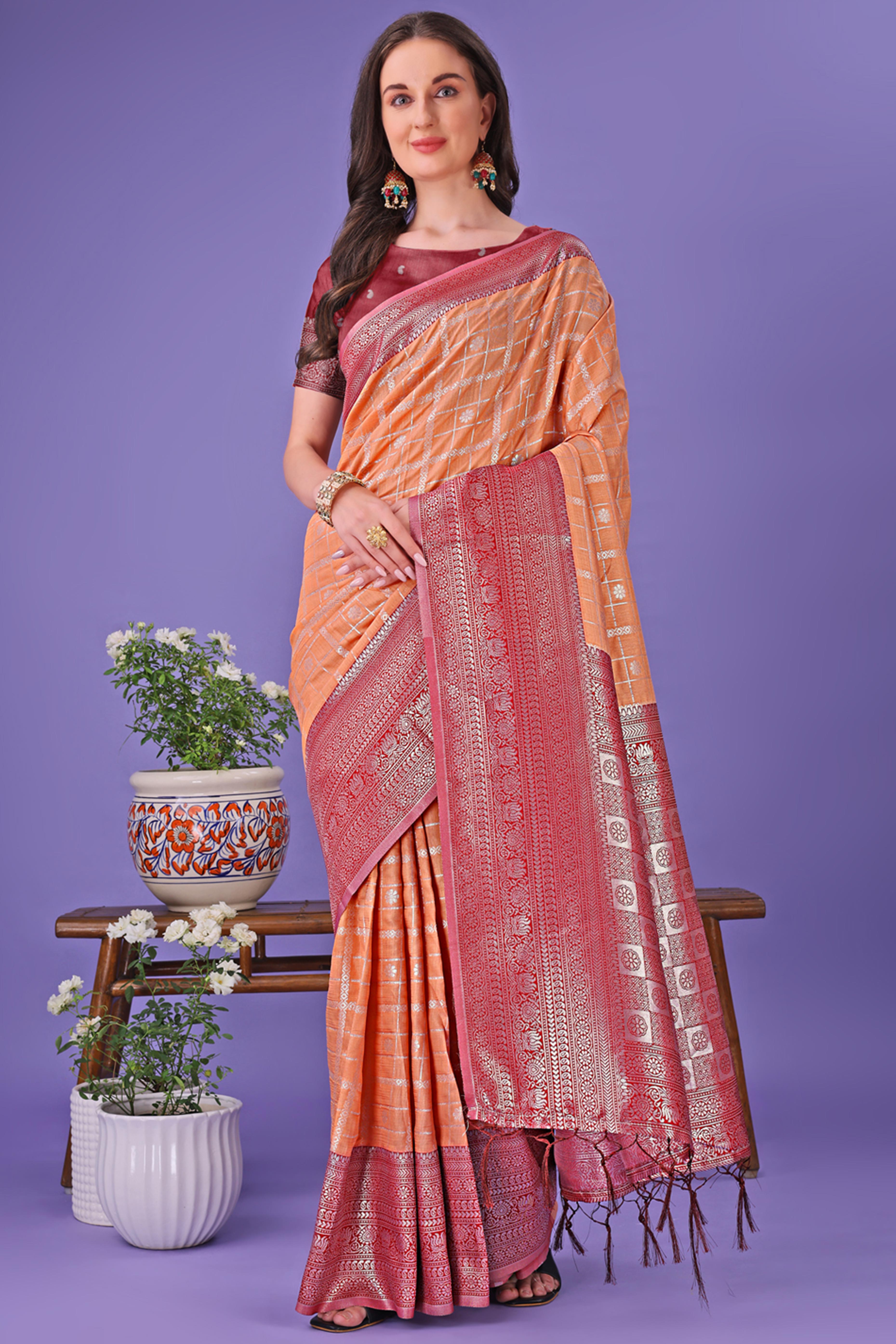 Orange Banarasi Weave in Checked Design with Lustrous Zari Embellishments