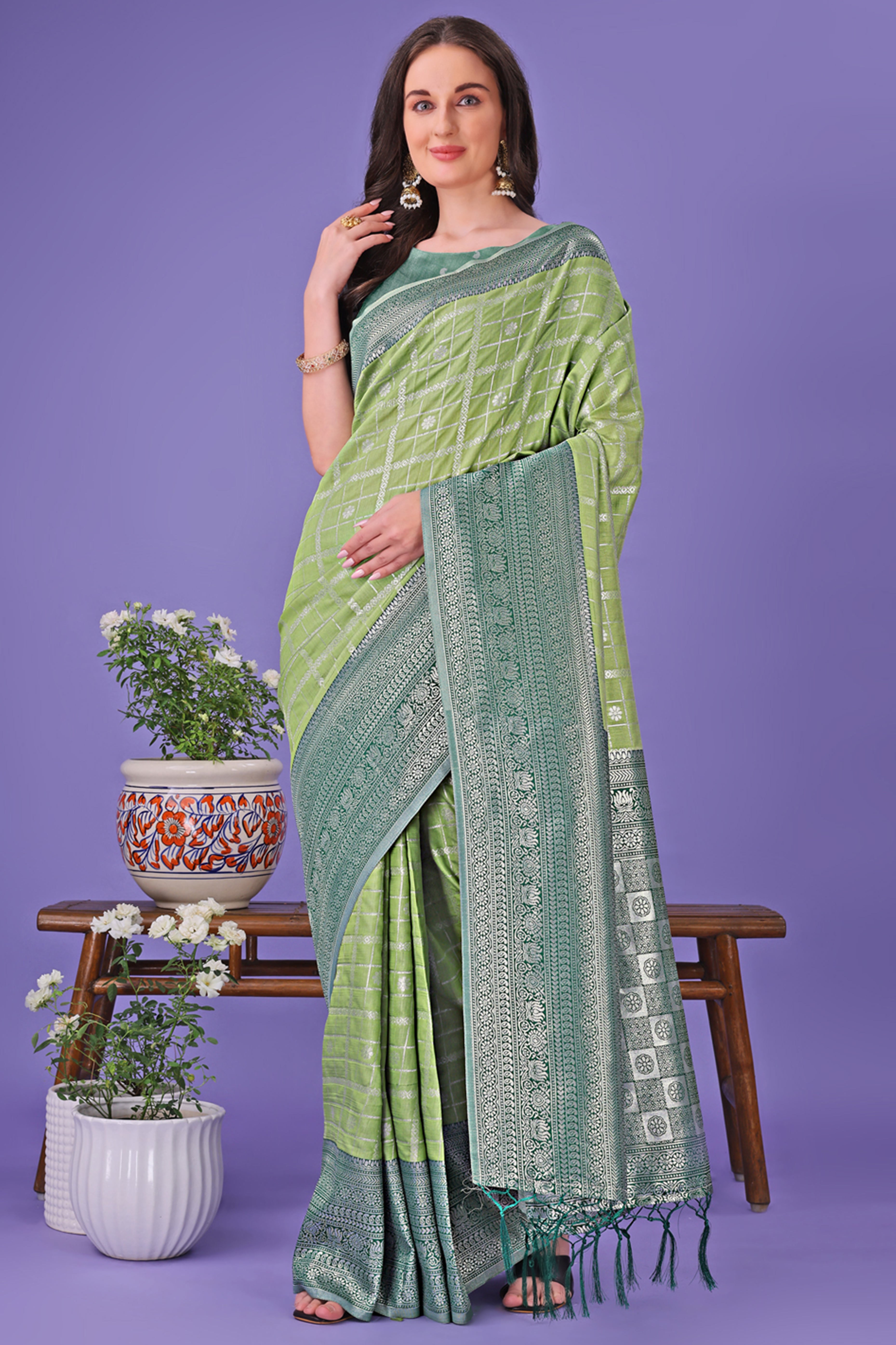 Light Green Banarasi Weave in Checked Design with Lustrous Zari Embellishments