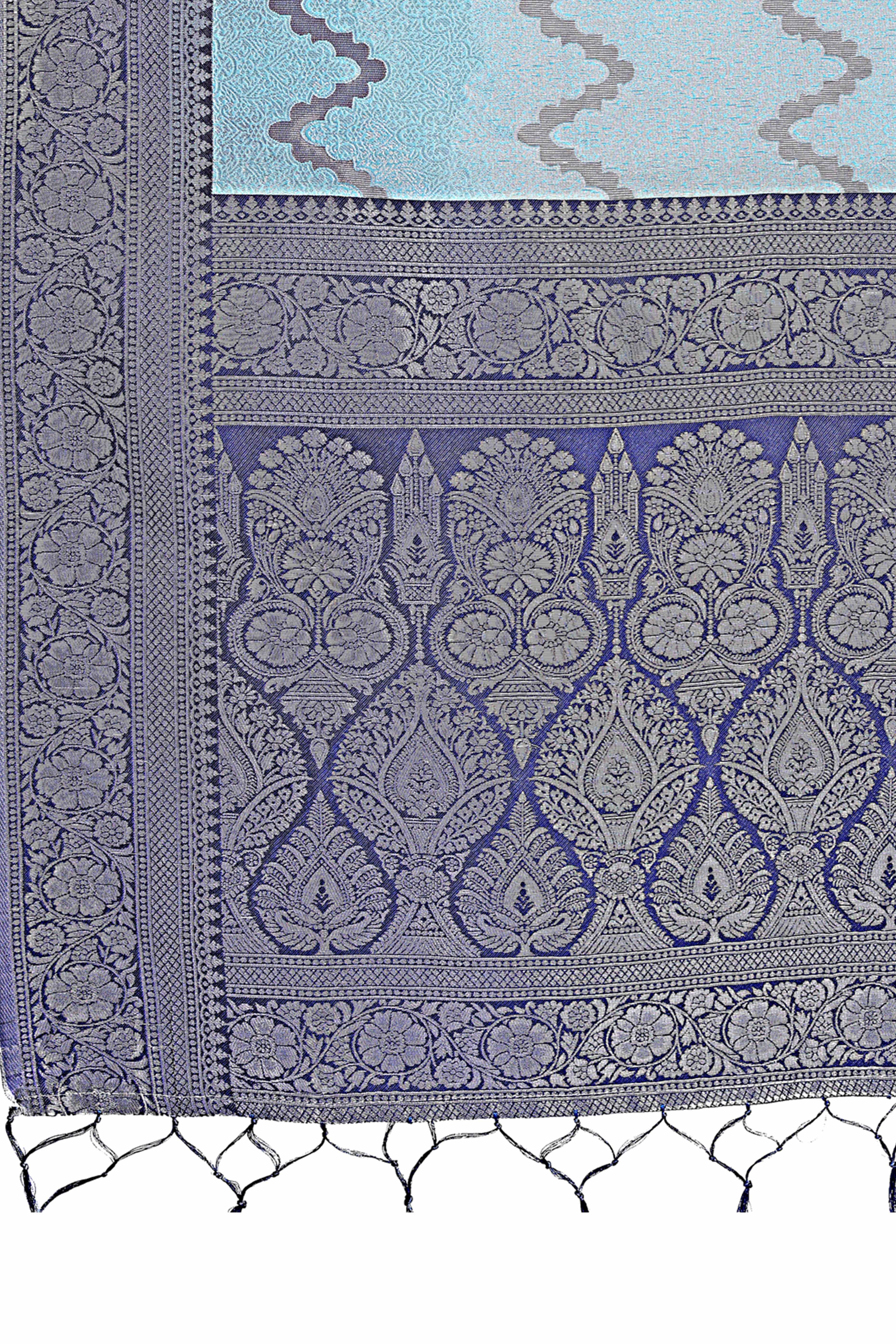 Sky Blue Lichi Cotton Silk Saree Adorned With Floral Zari Weave & Tassels