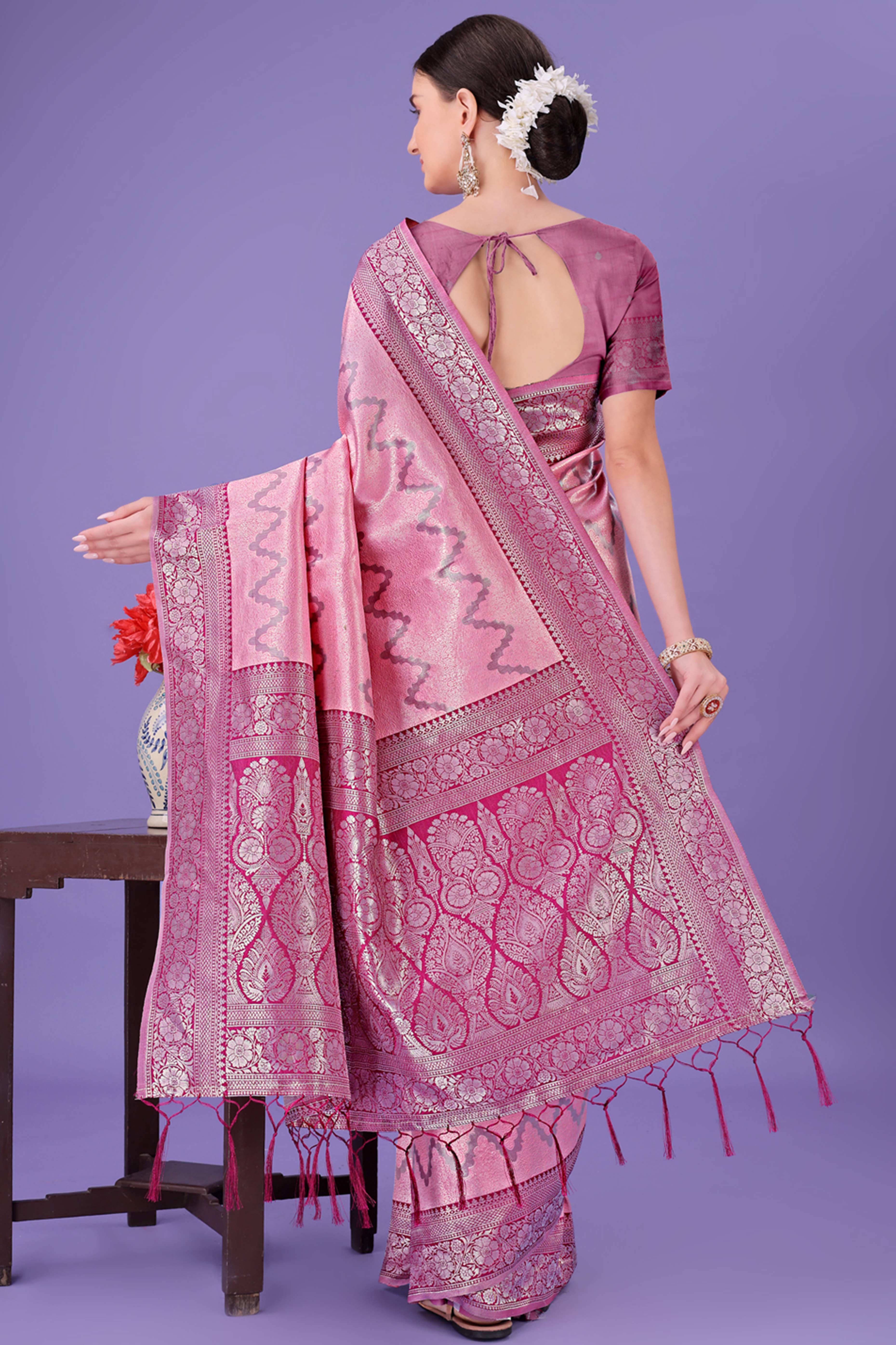 Light Pink Lichi Cotton Silk Saree Adorned With Floral Zari Weave & Tassels