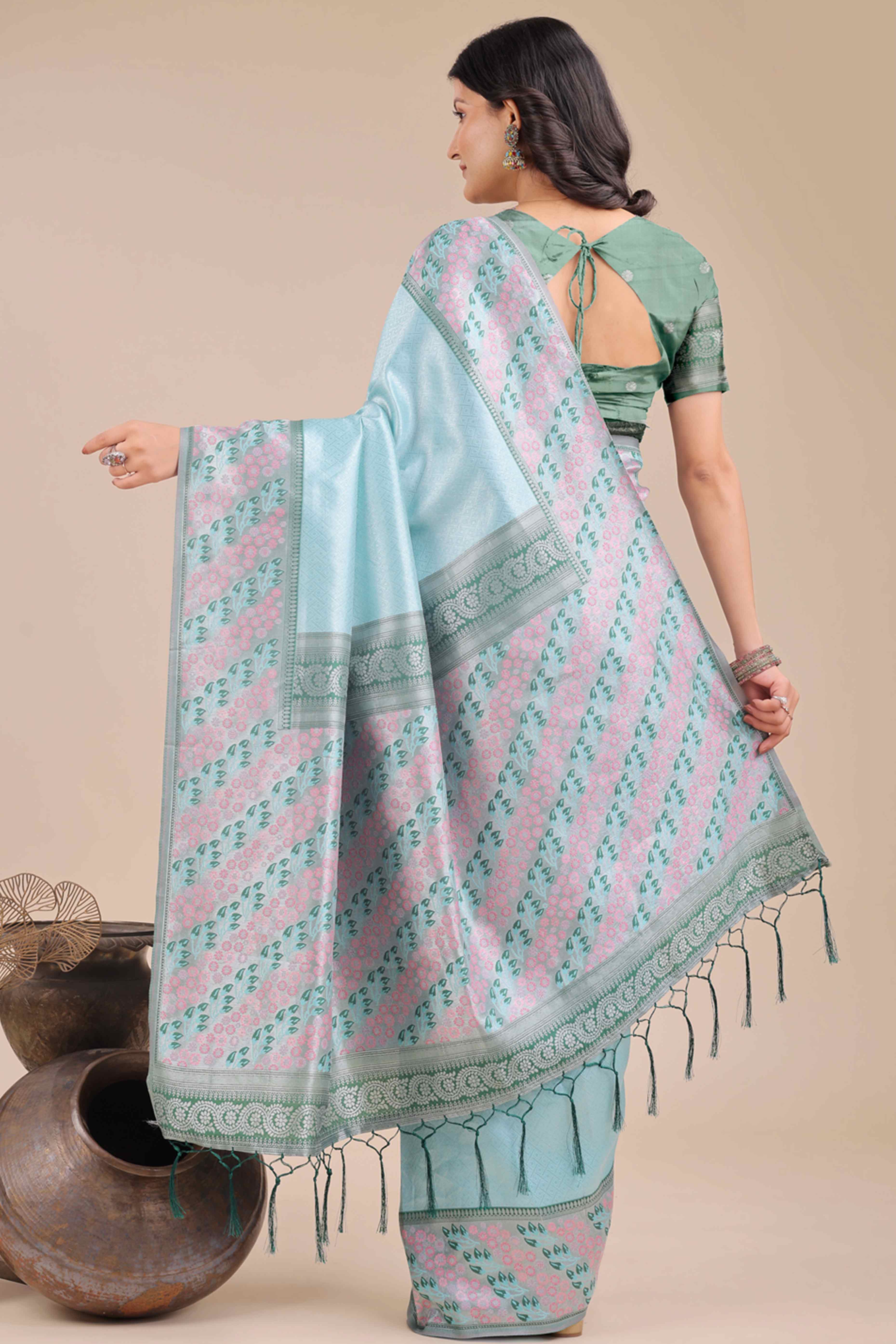 Light Blue Silk Blend Saree Embellished With Zari Weaving & Tassel Accents