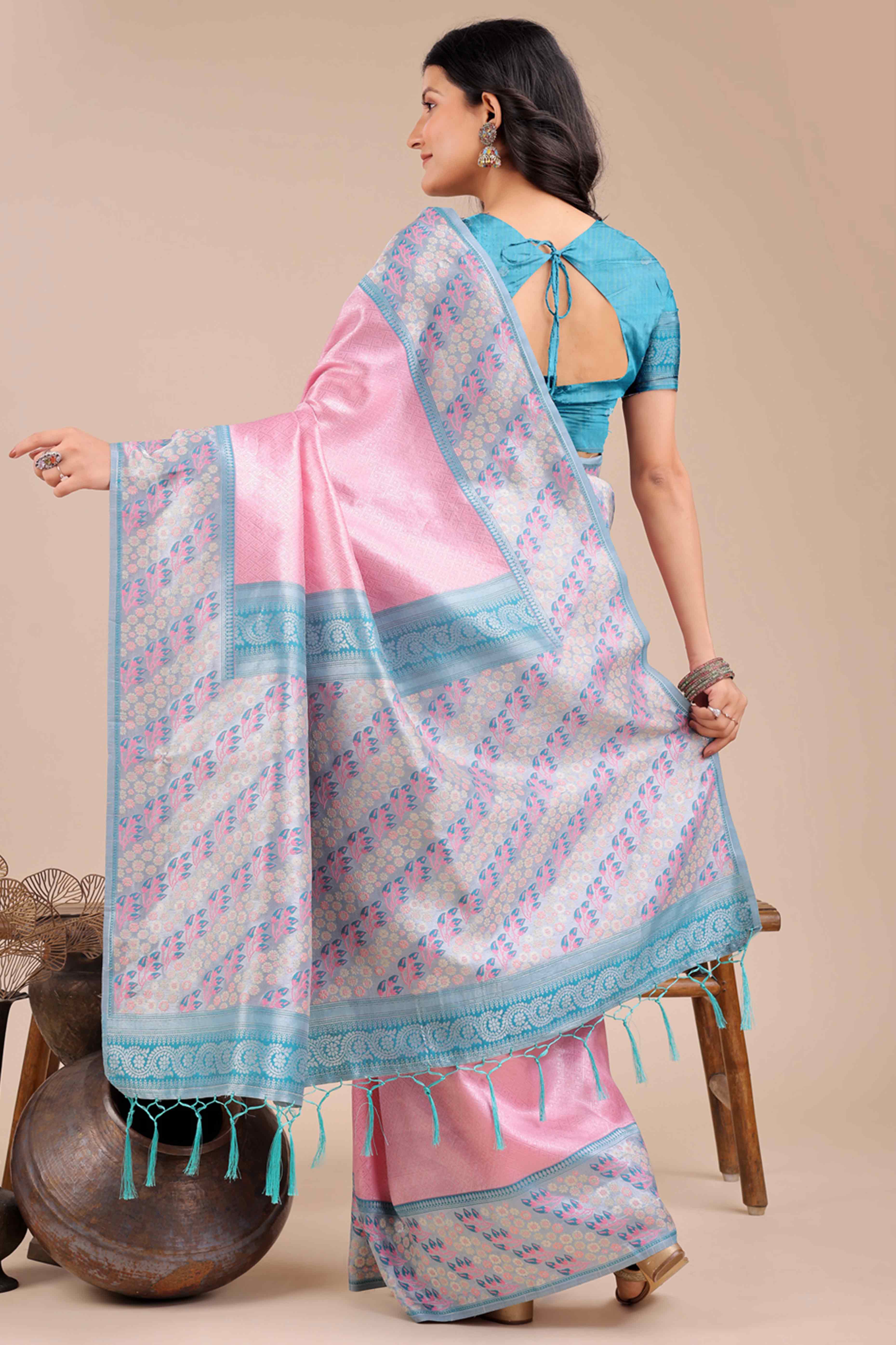 Pink Silk Blend Saree Embellished With Zari Weaving & Tassel Accents