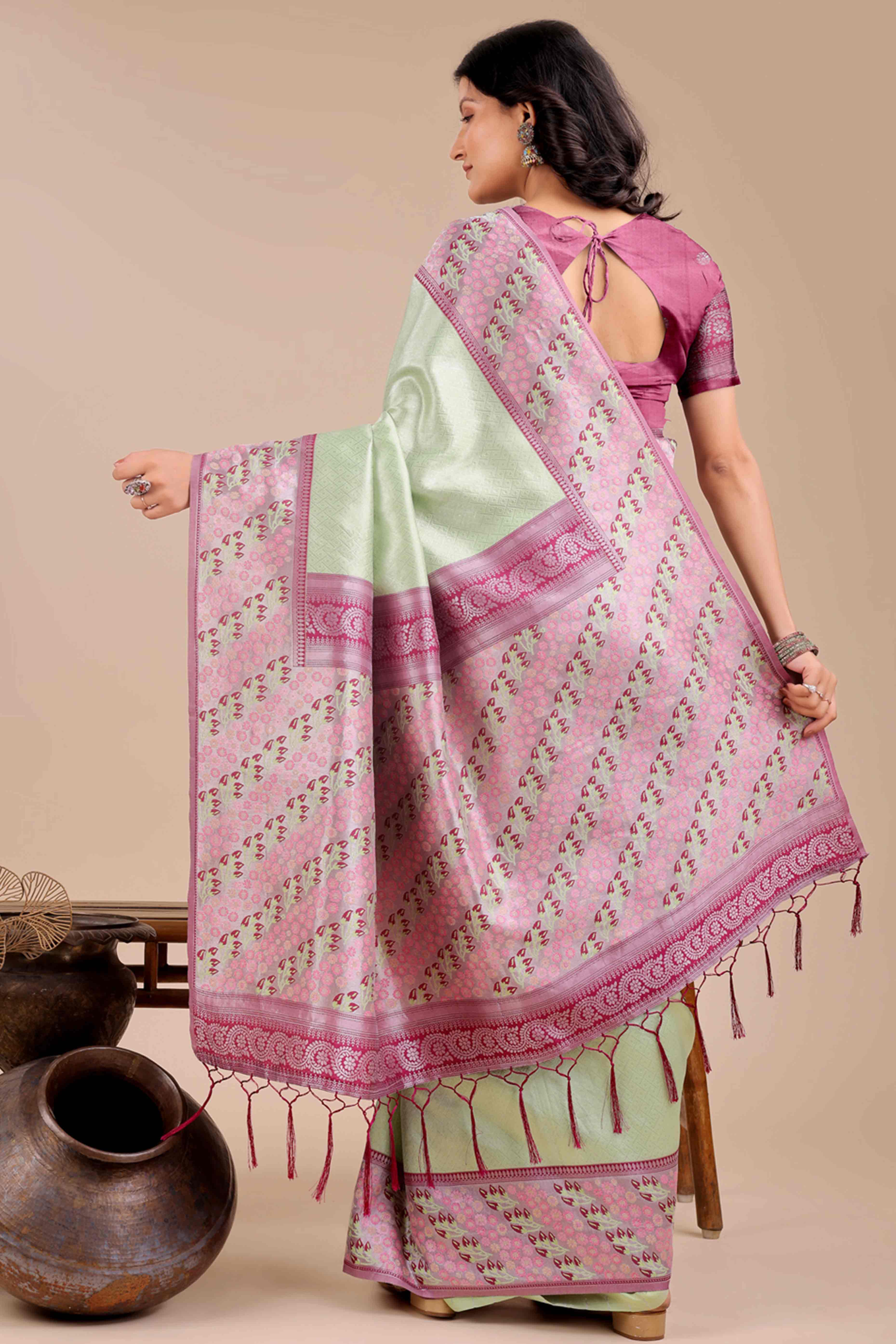 Light Green Silk Blend Saree Embellished With Zari Weaving & Tassel Accents