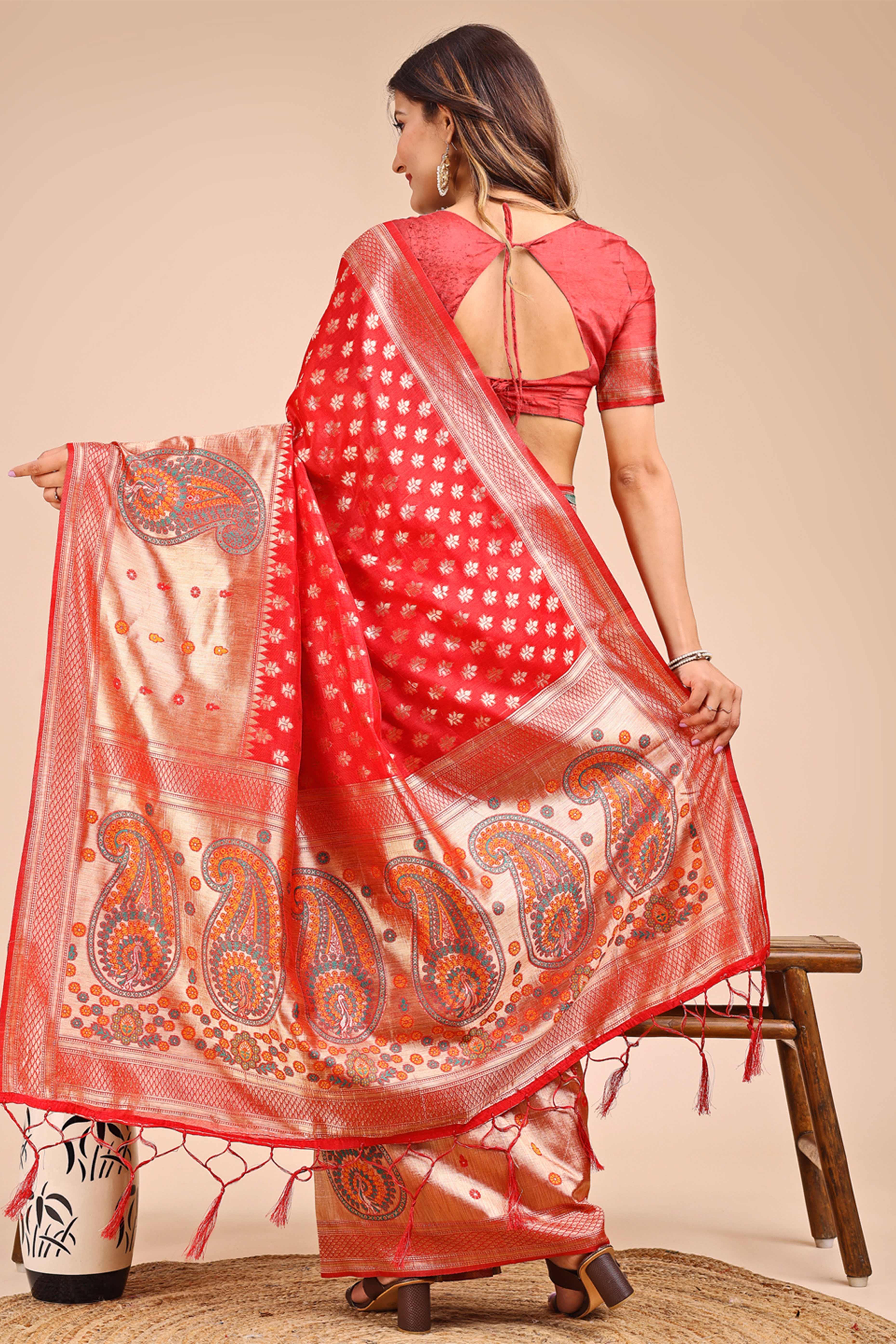 Red Zari Butti Weaving Linen Cotton Saree