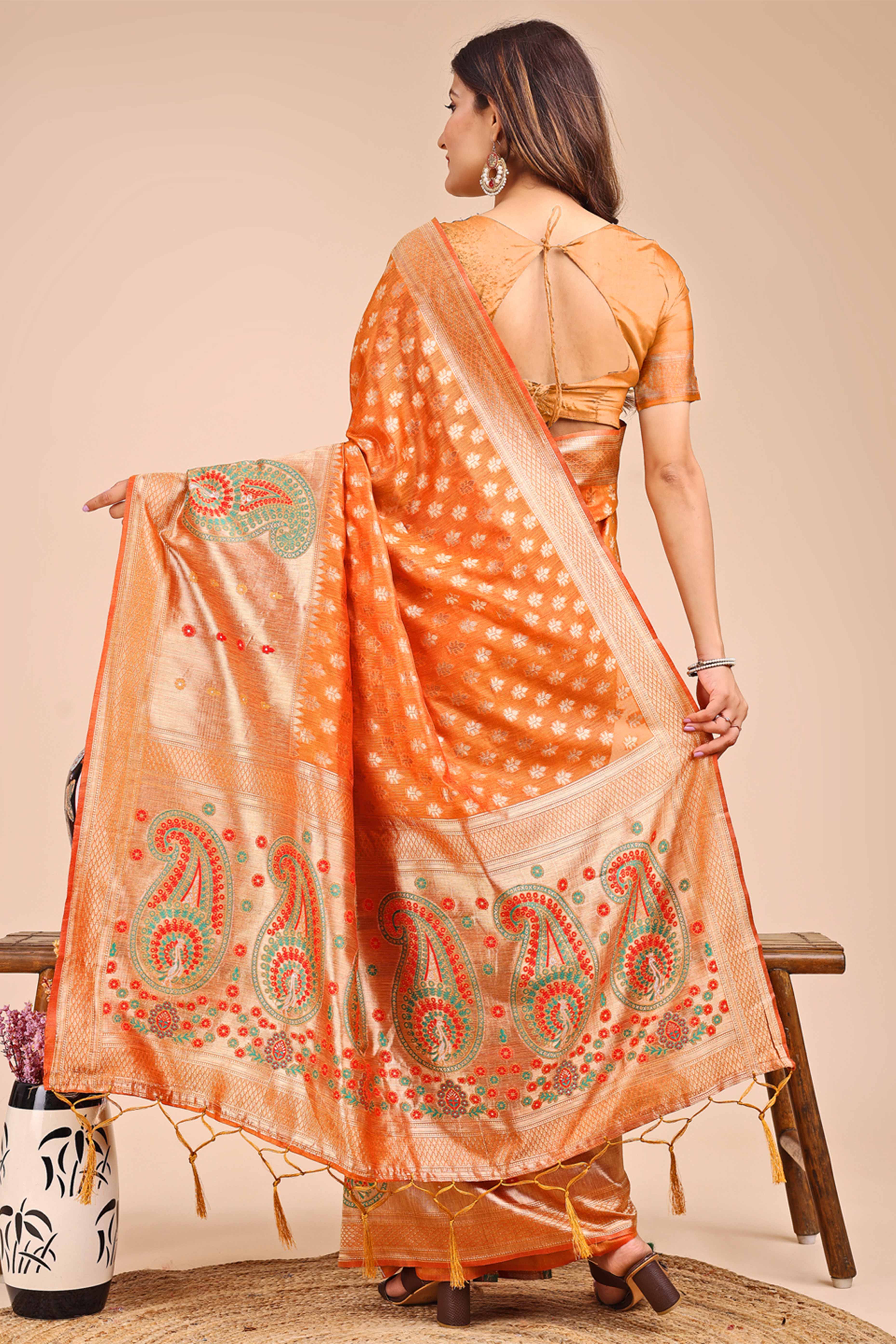 Rust Orange Zari Butti Weaving Linen Cotton Saree