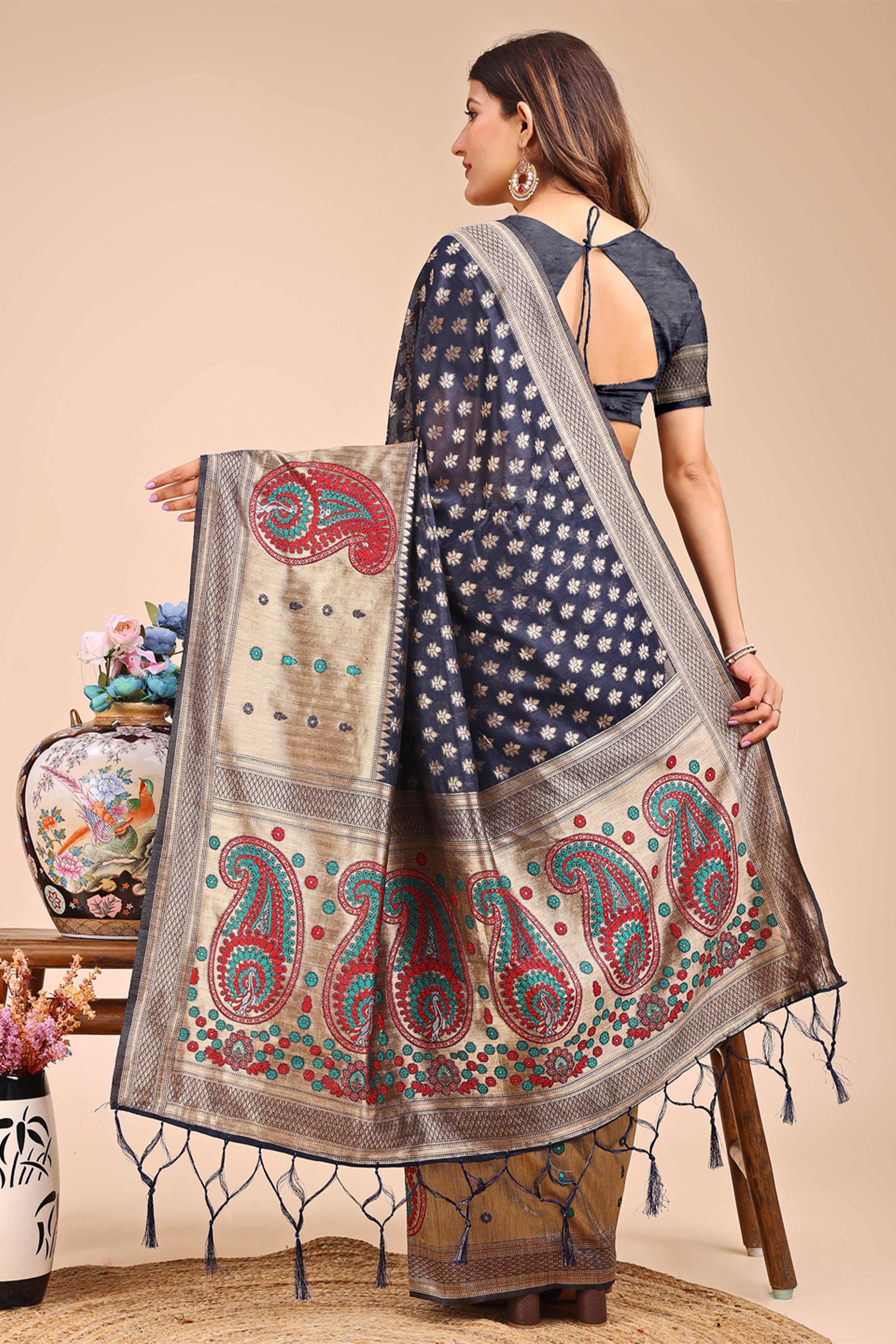 Navy Blue Zari Butti Weaving Linen Cotton Saree
