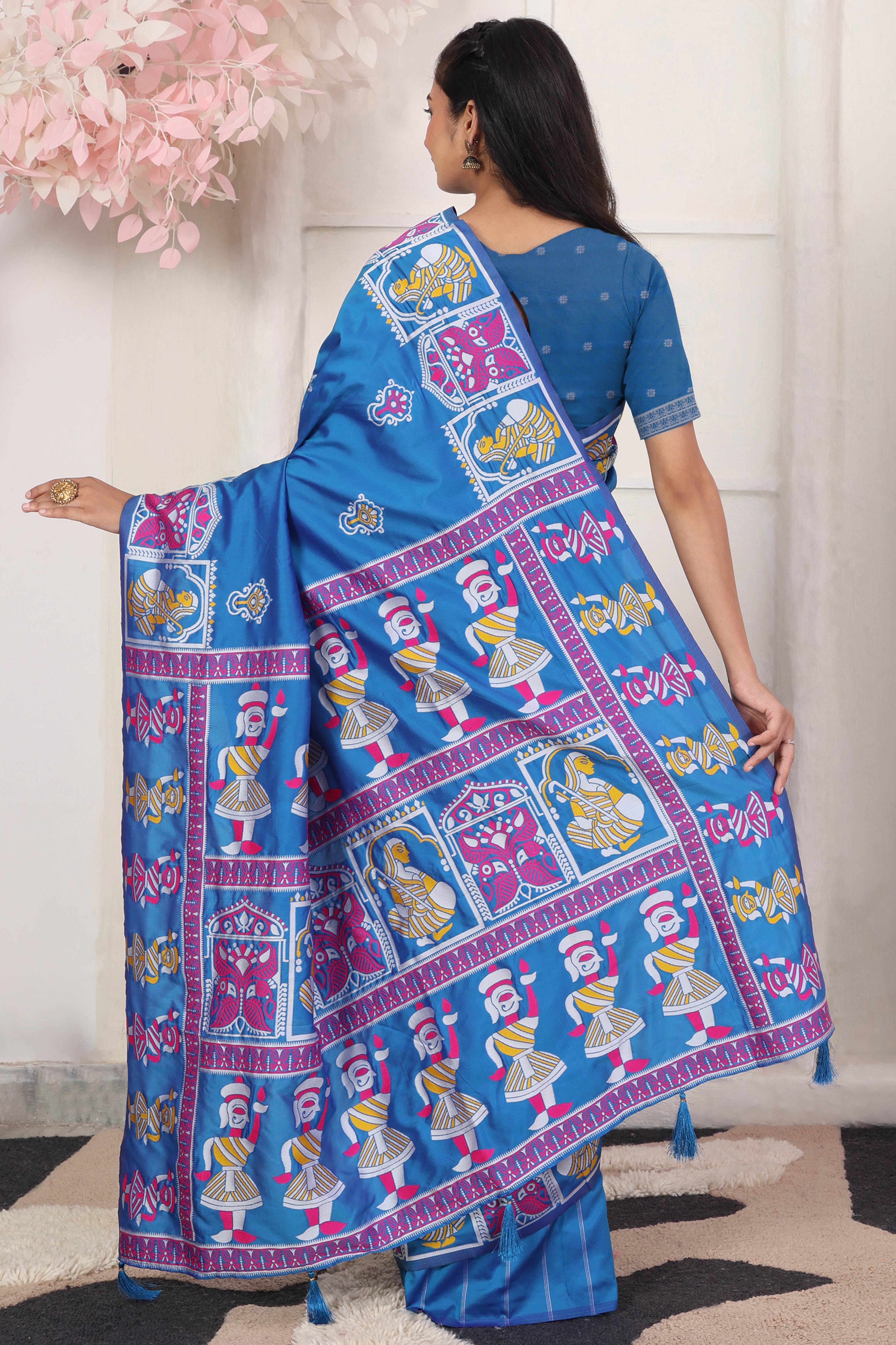 Blue Ethnic Madhubani Print Silk Blend Saree Enhanced With Tassel Pallu Accents