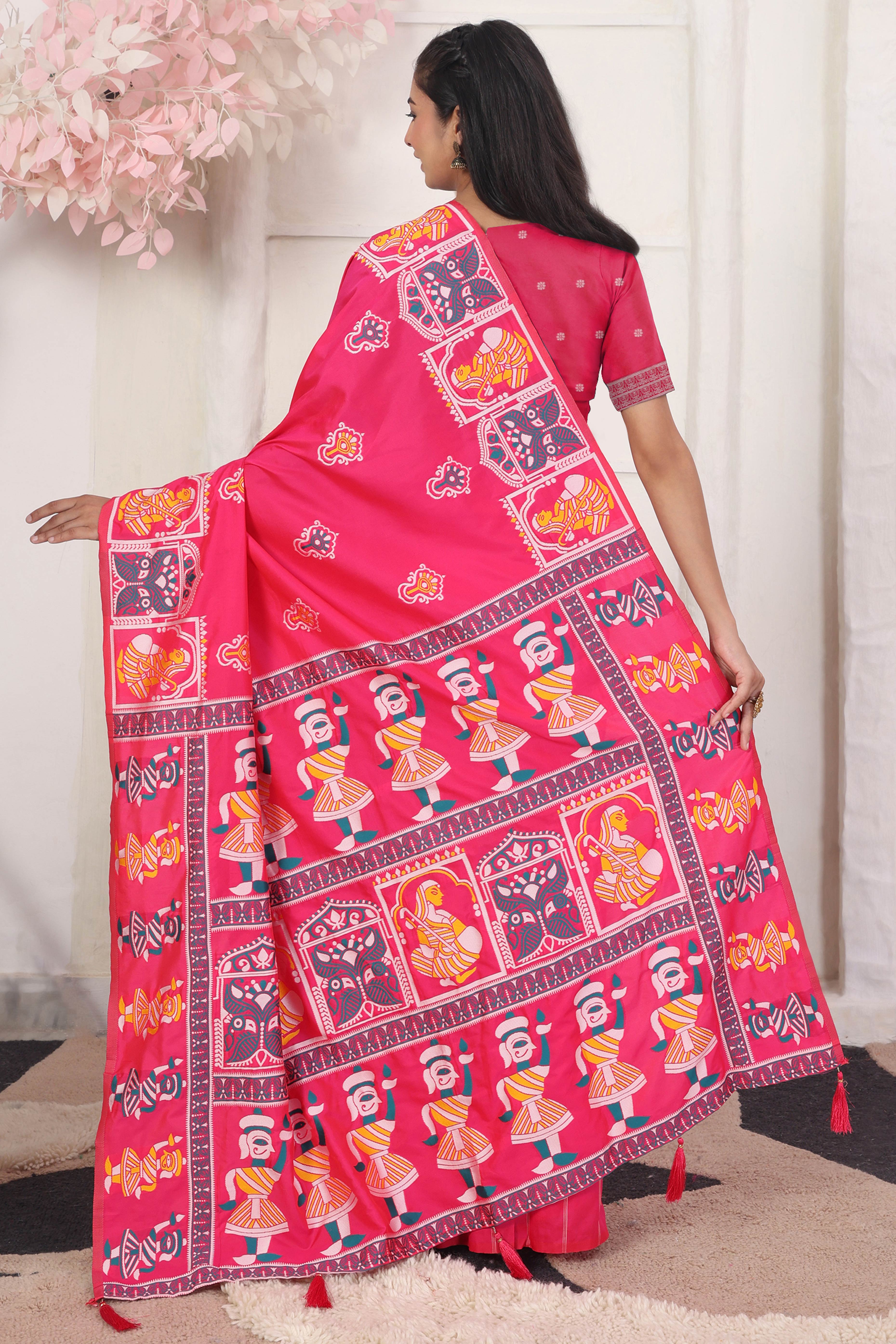 Pink Ethnic Madhubani Print Silk Blend Saree Enhanced With Tassel Pallu Accents