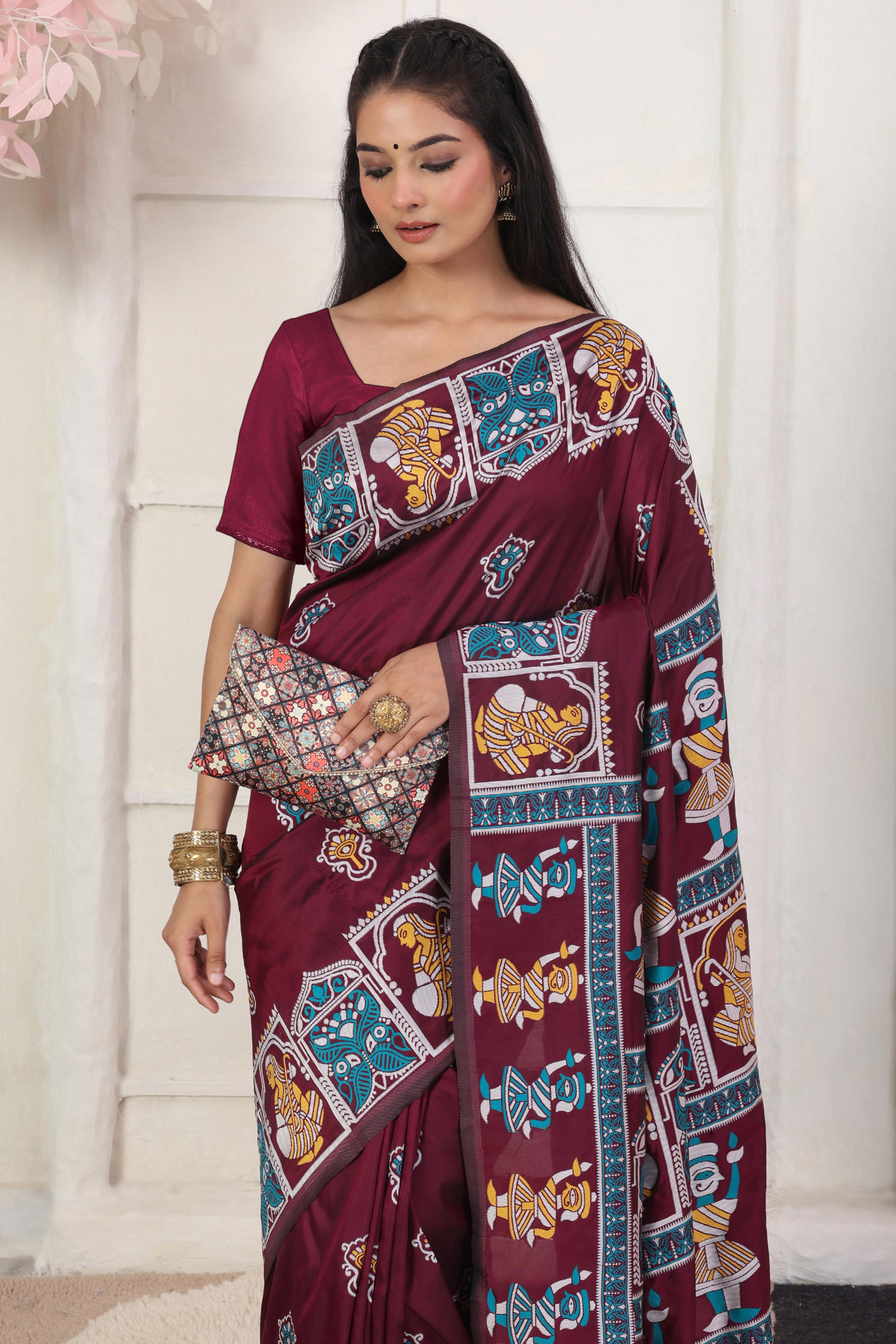 Dark Wine Ethnic Madhubani Print Silk Blend Saree Enhanced With Tassel Pallu Accents