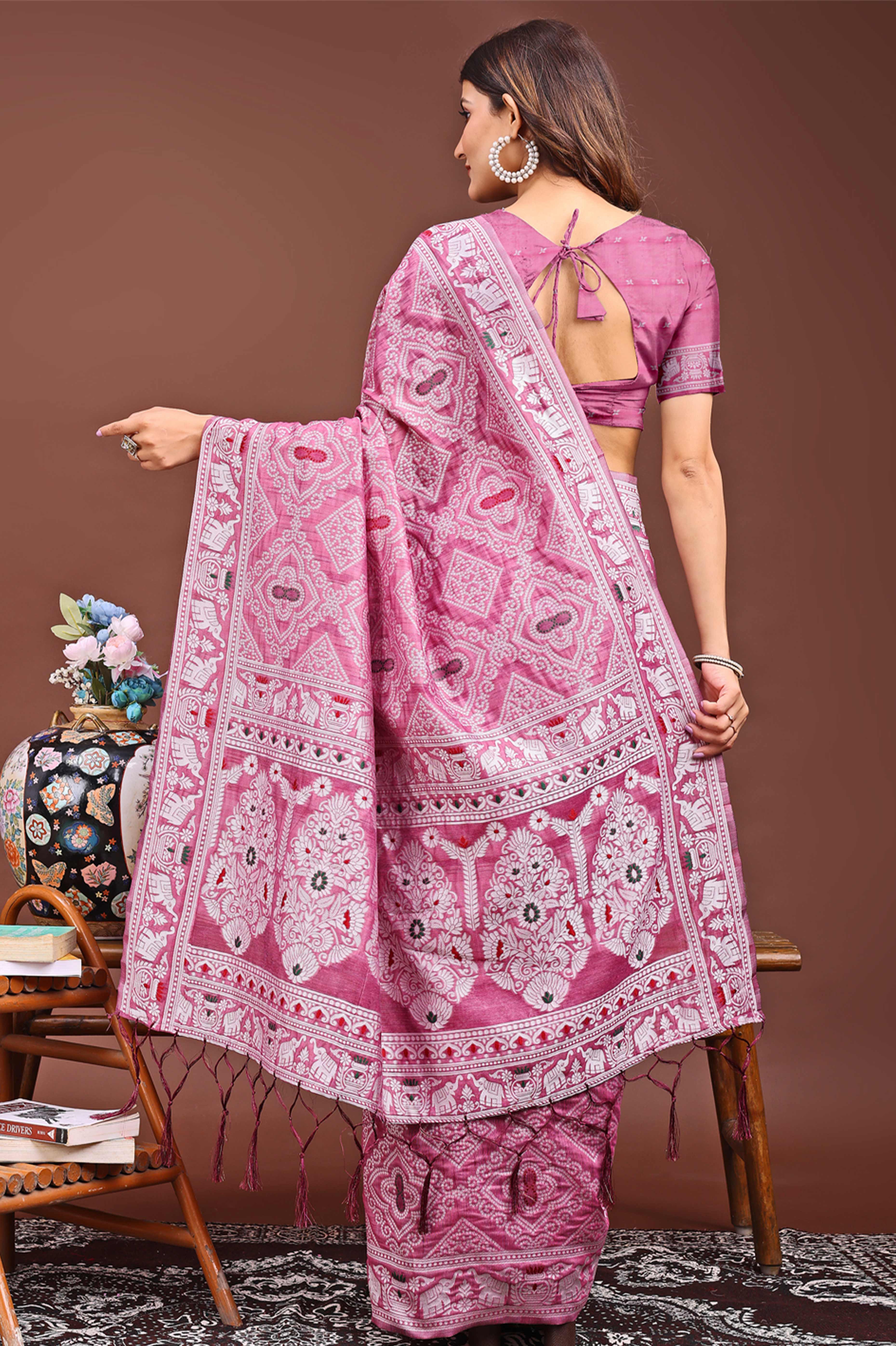 Traditional Bandhani Inspired Woven Pink Saree in Breathable Linen Cotton