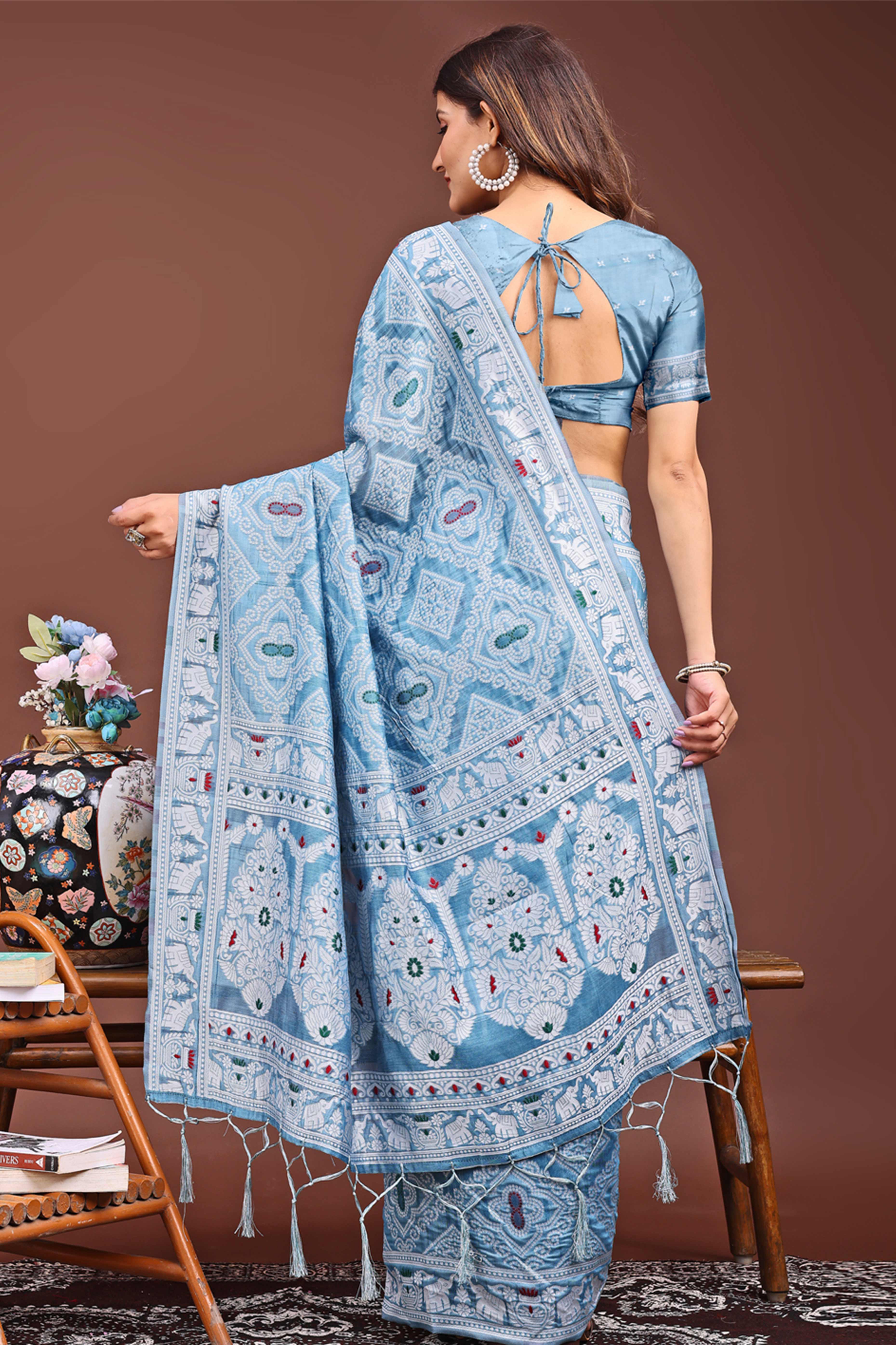 Traditional Bandhani Inspired Woven Sky Blue Saree in Breathable Linen Cotton