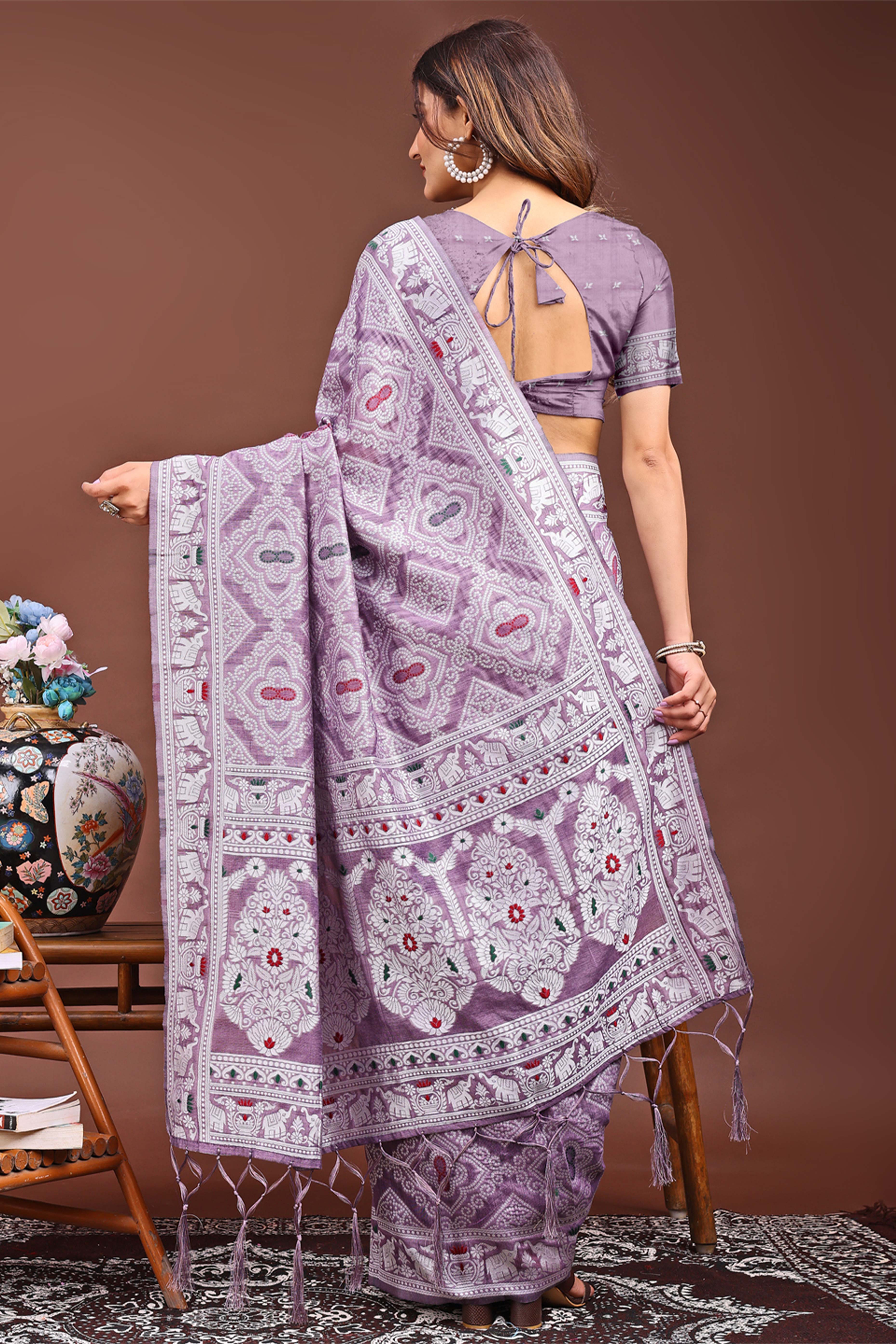 Traditional Bandhani Inspired Woven Purple Saree in Breathable Linen Cotton