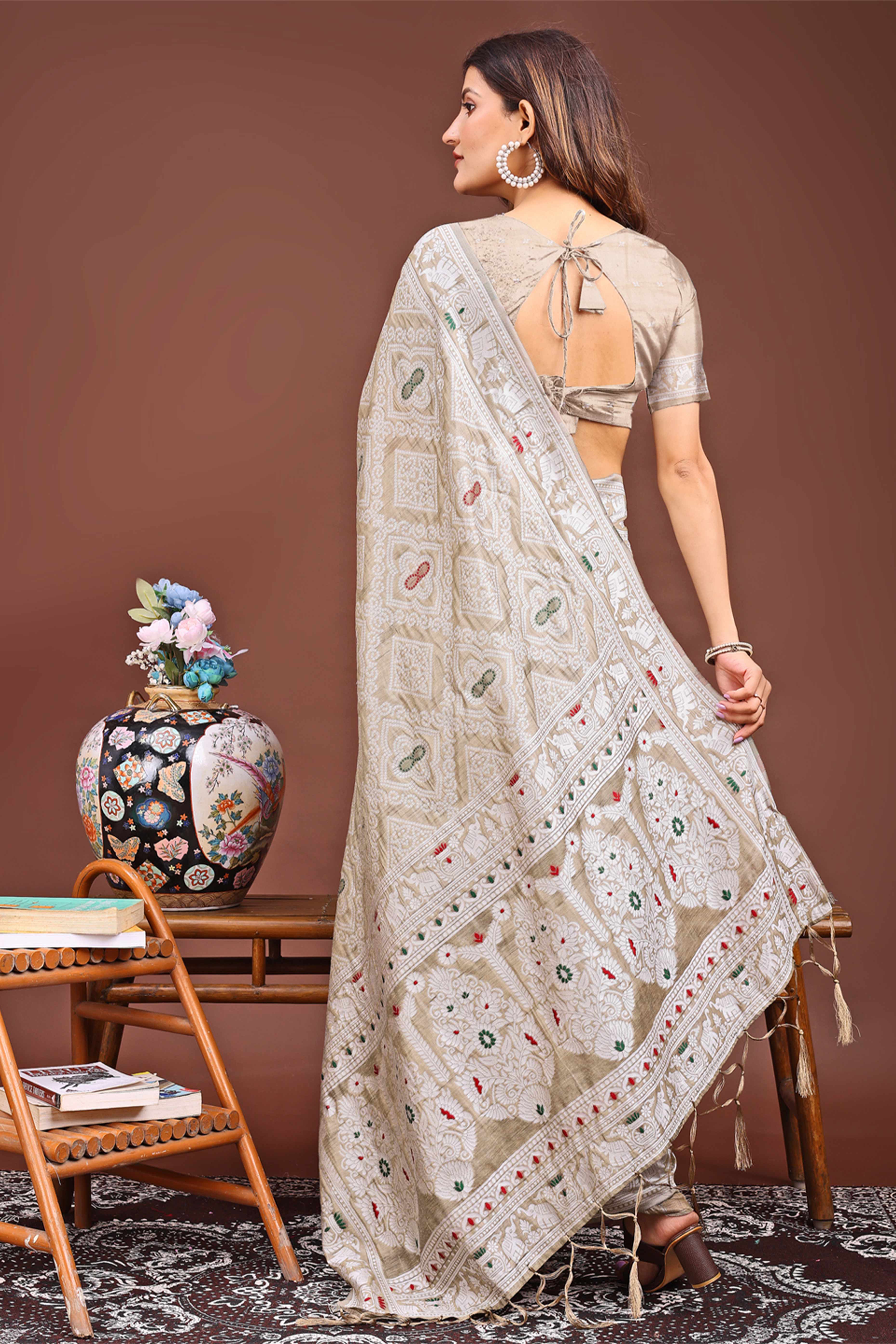 Traditional Bandhani Inspired Woven Beige Saree in Breathable Linen Cotton