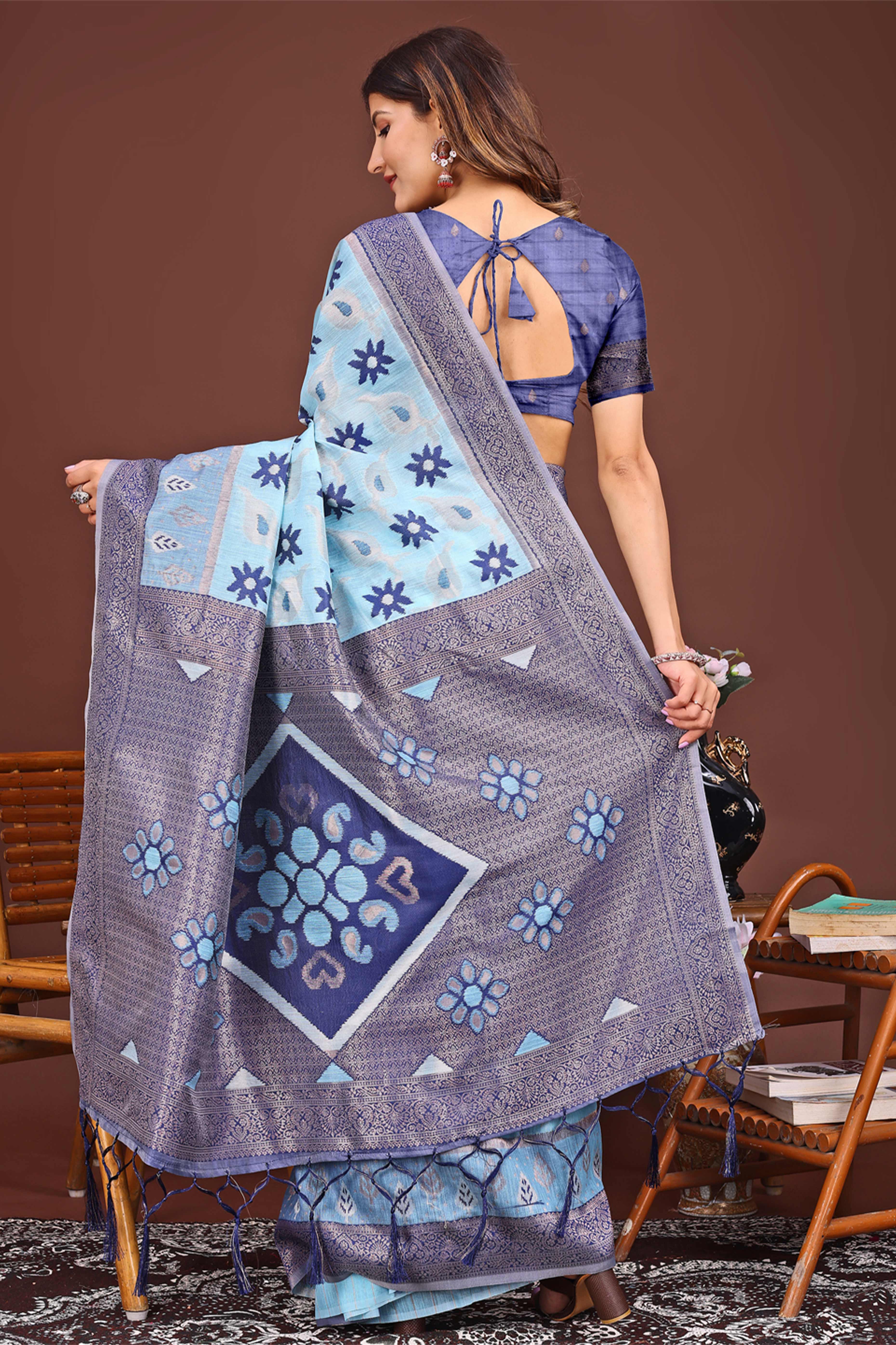 Sky Blue Ethnic Saree in Linen Cotton Fabric with Intricate Floral Pattern Weaving