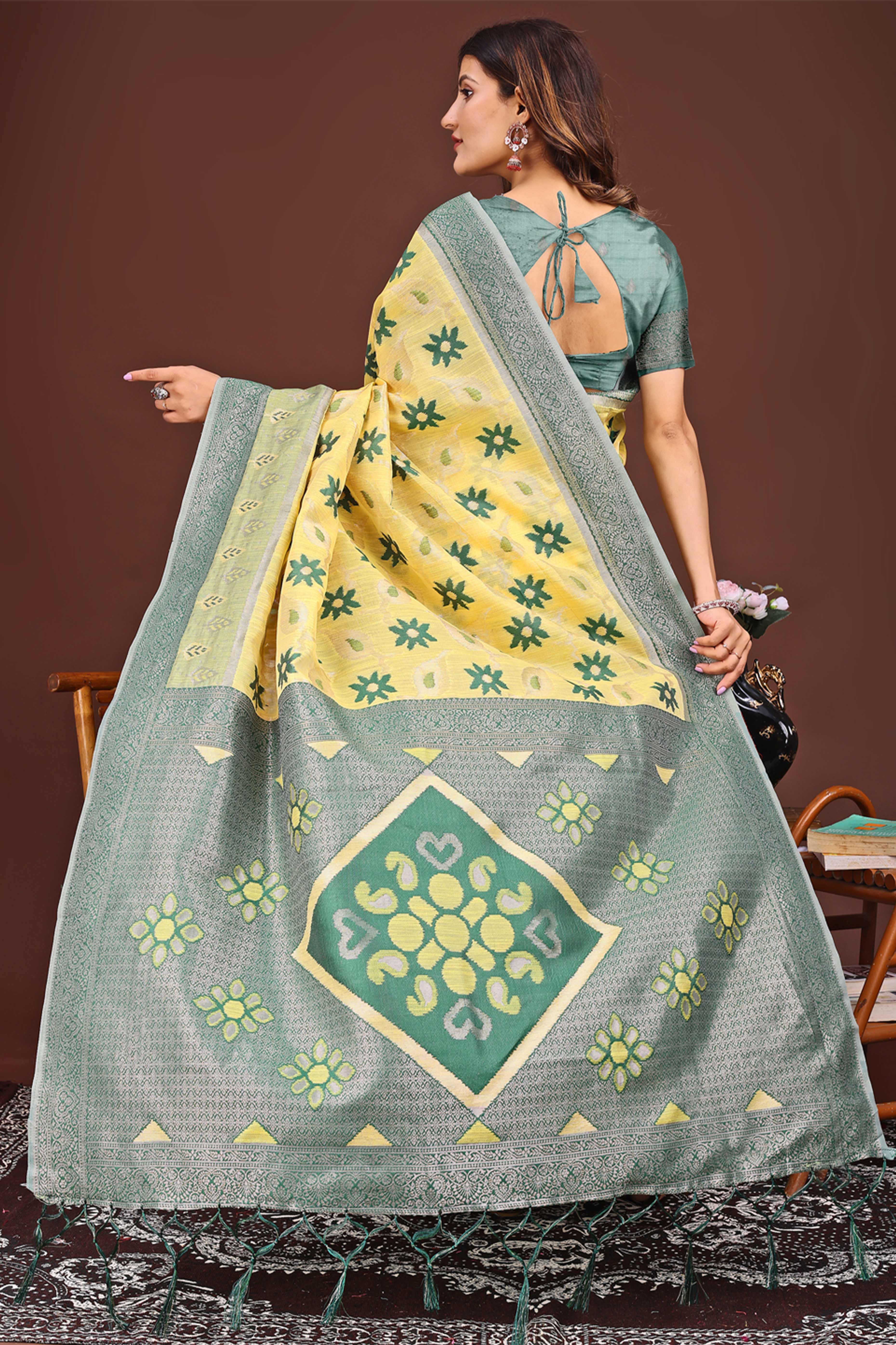 Yellow Ethnic Saree in Linen Cotton Fabric with Intricate Floral Pattern Weaving