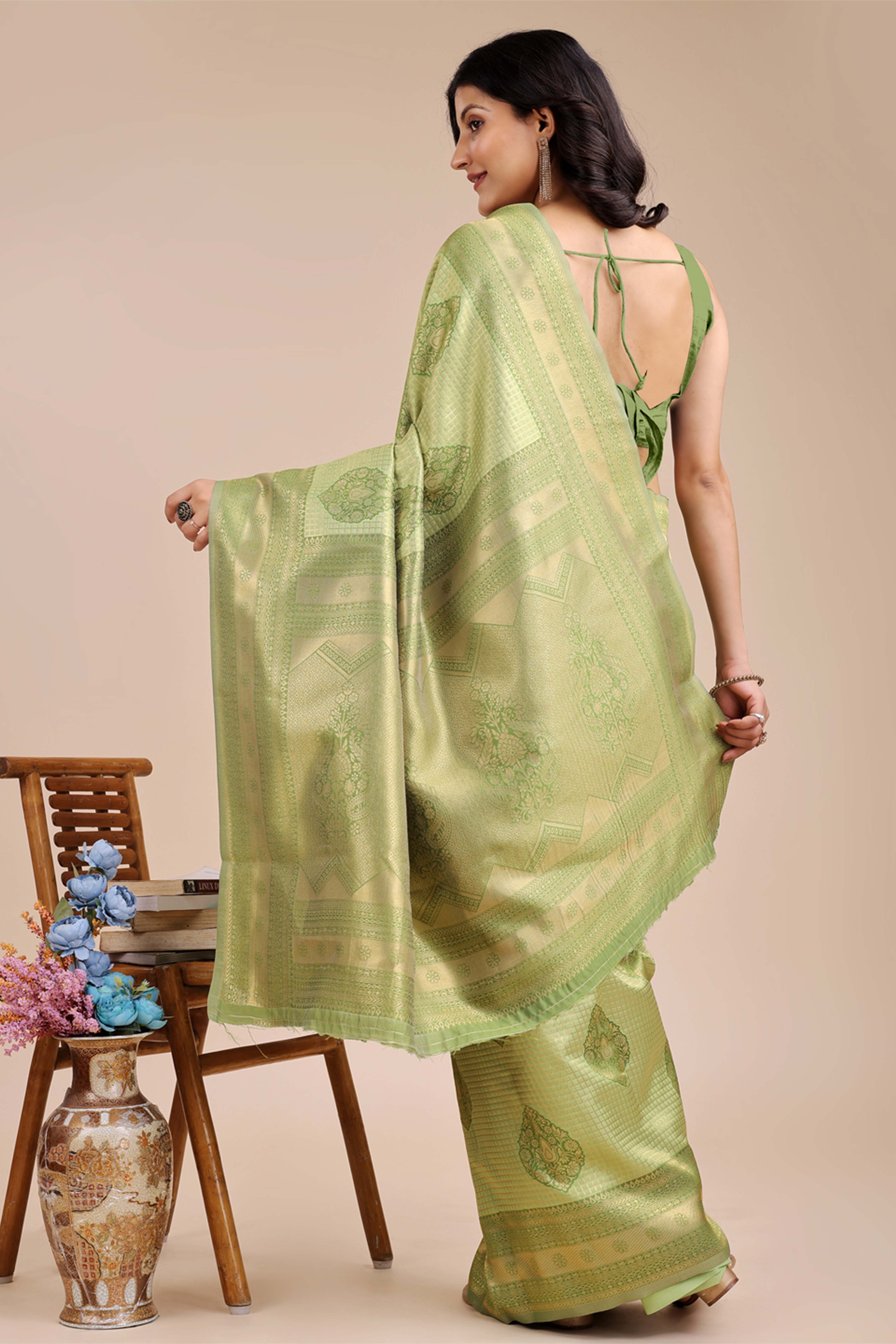 Light Green Saree in Pure Banarasi Silk with Intricate Zari Borders and Motifs