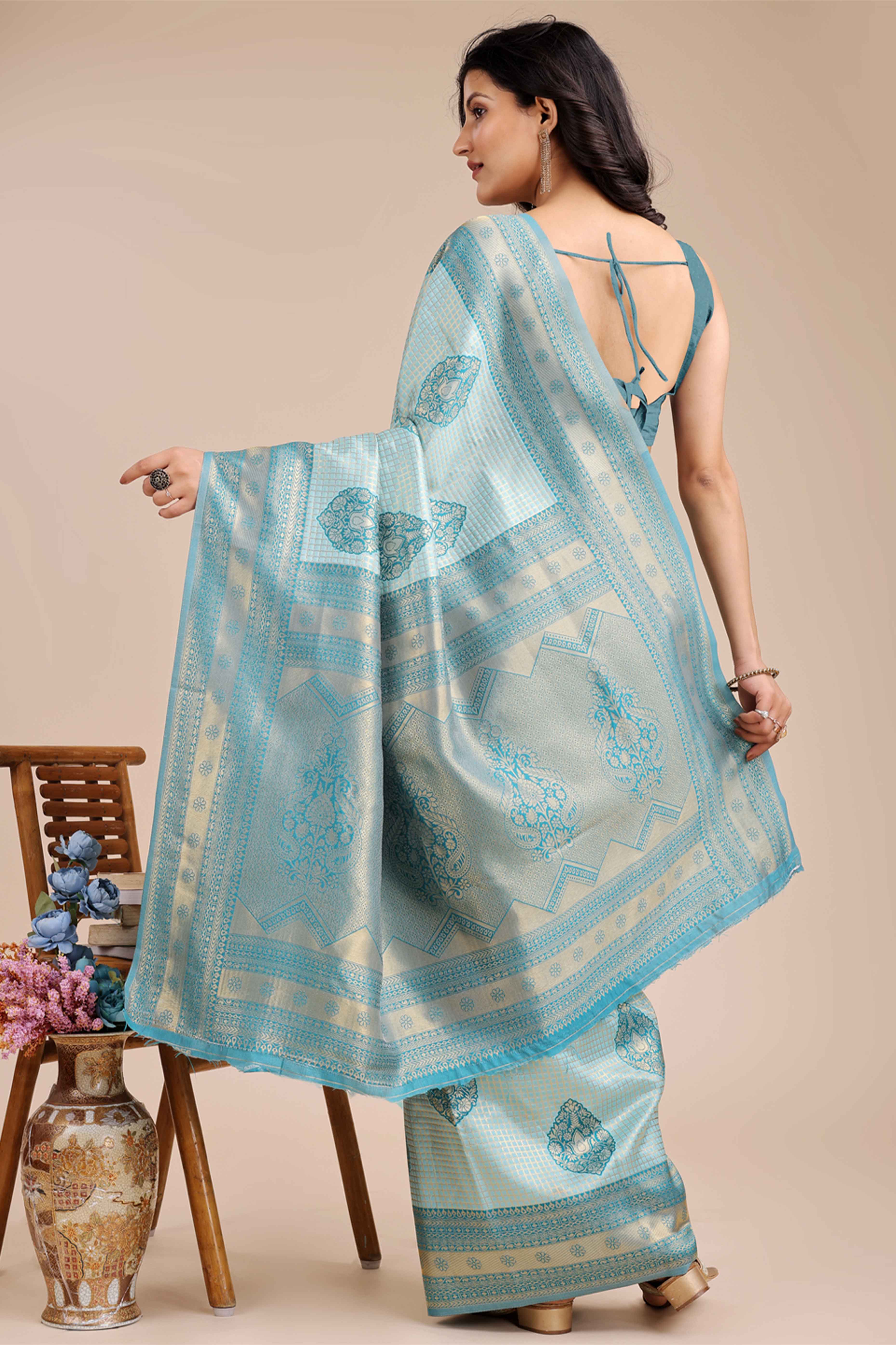 Sea Green Saree in Pure Banarasi Silk with Intricate Zari Borders and Motifs