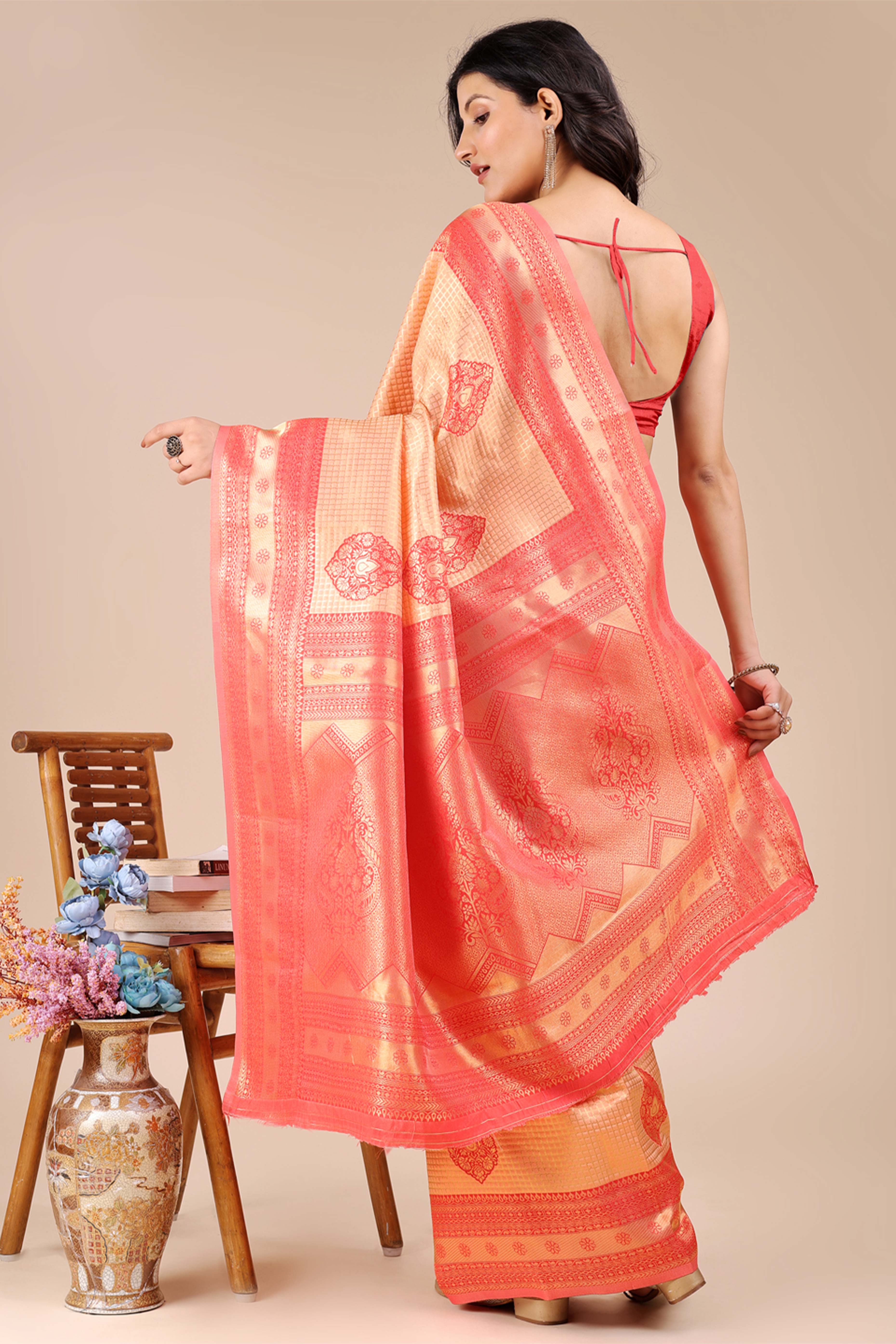 Orange & Red Saree in Pure Banarasi Silk with Intricate Zari Borders and Motifs