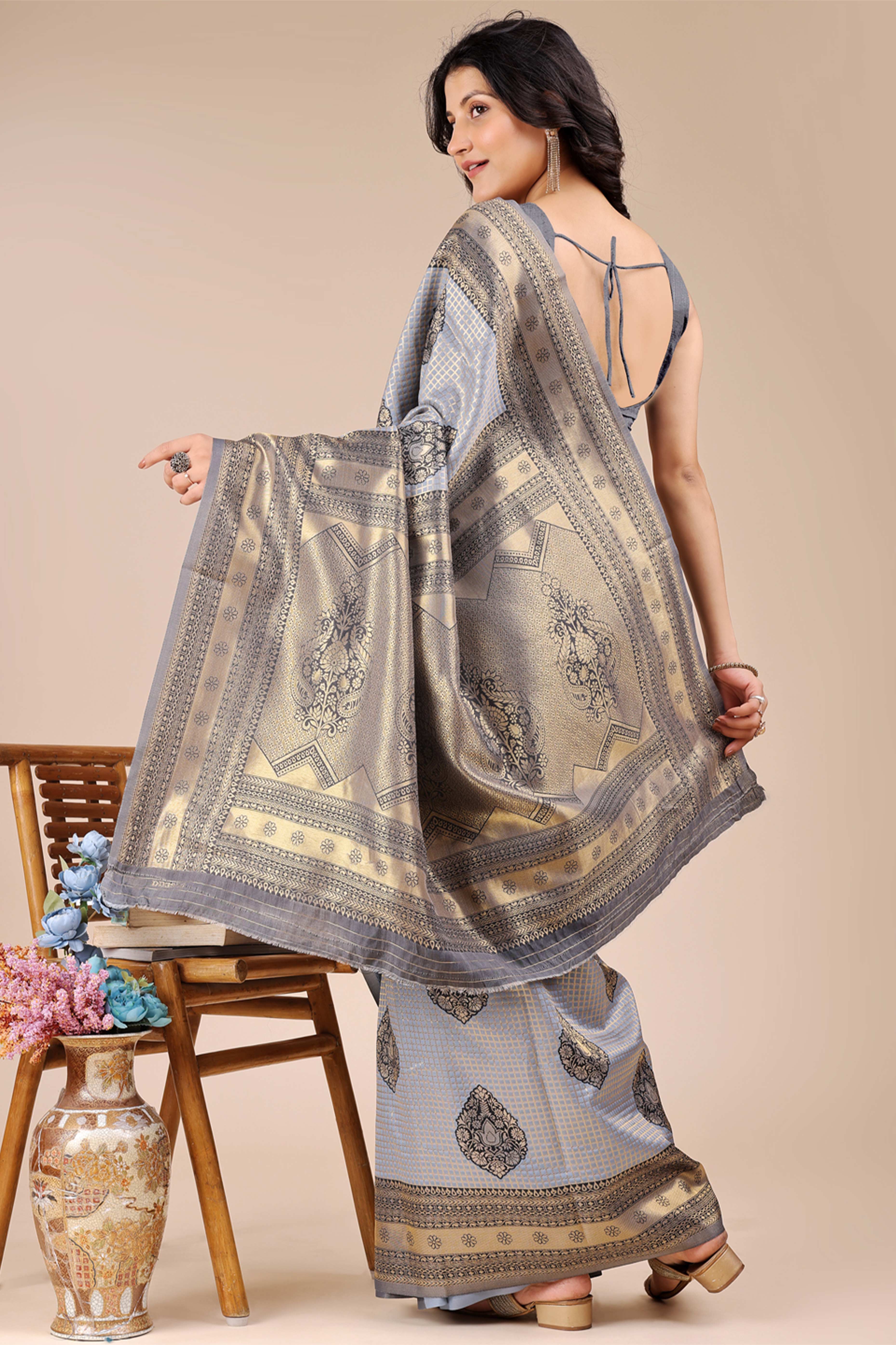 Grey Saree in Pure Banarasi Silk with Intricate Zari Borders and Motifs