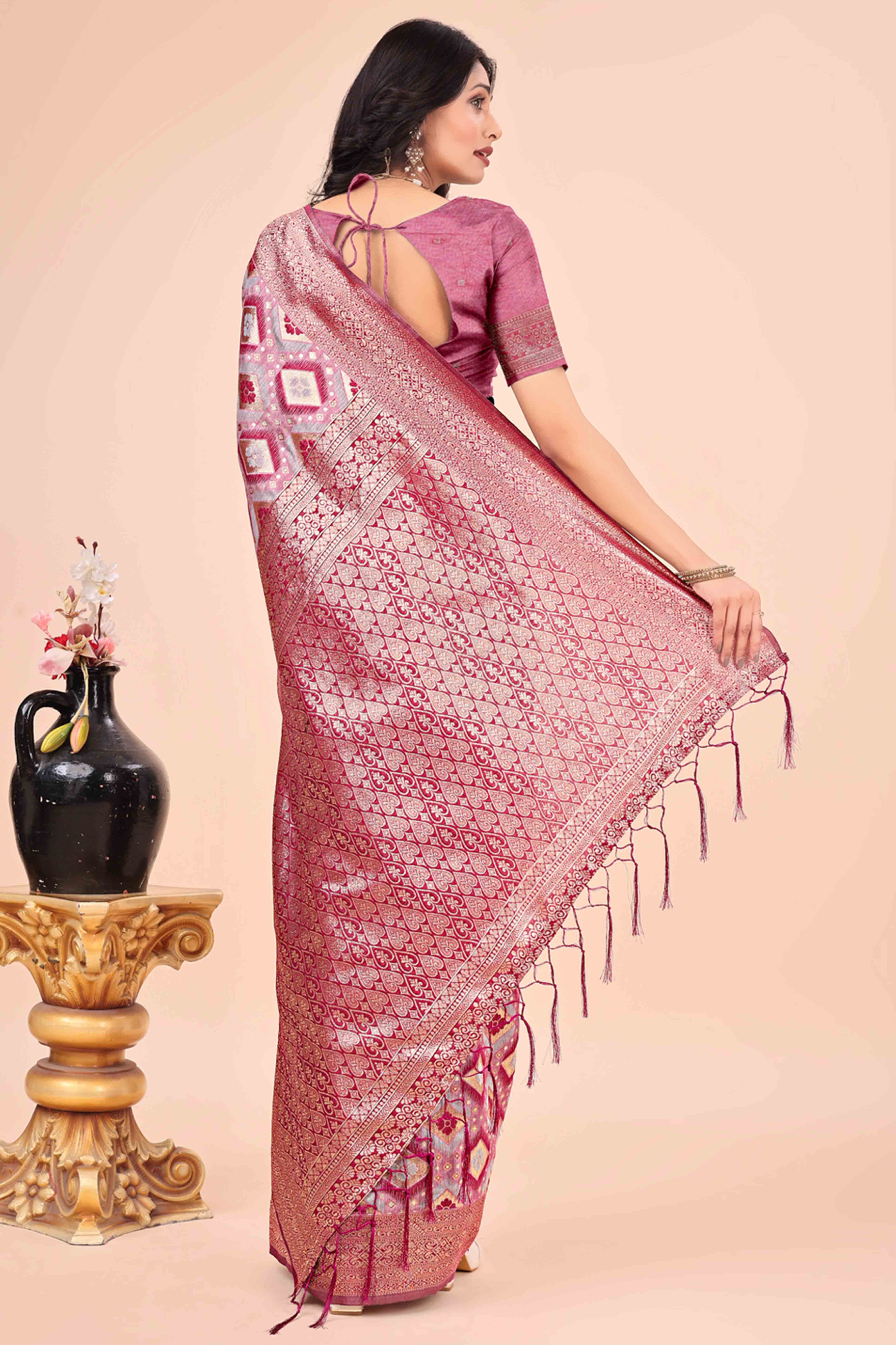 Floral Weaving On Pink Cotton Blend Saree With Tassels