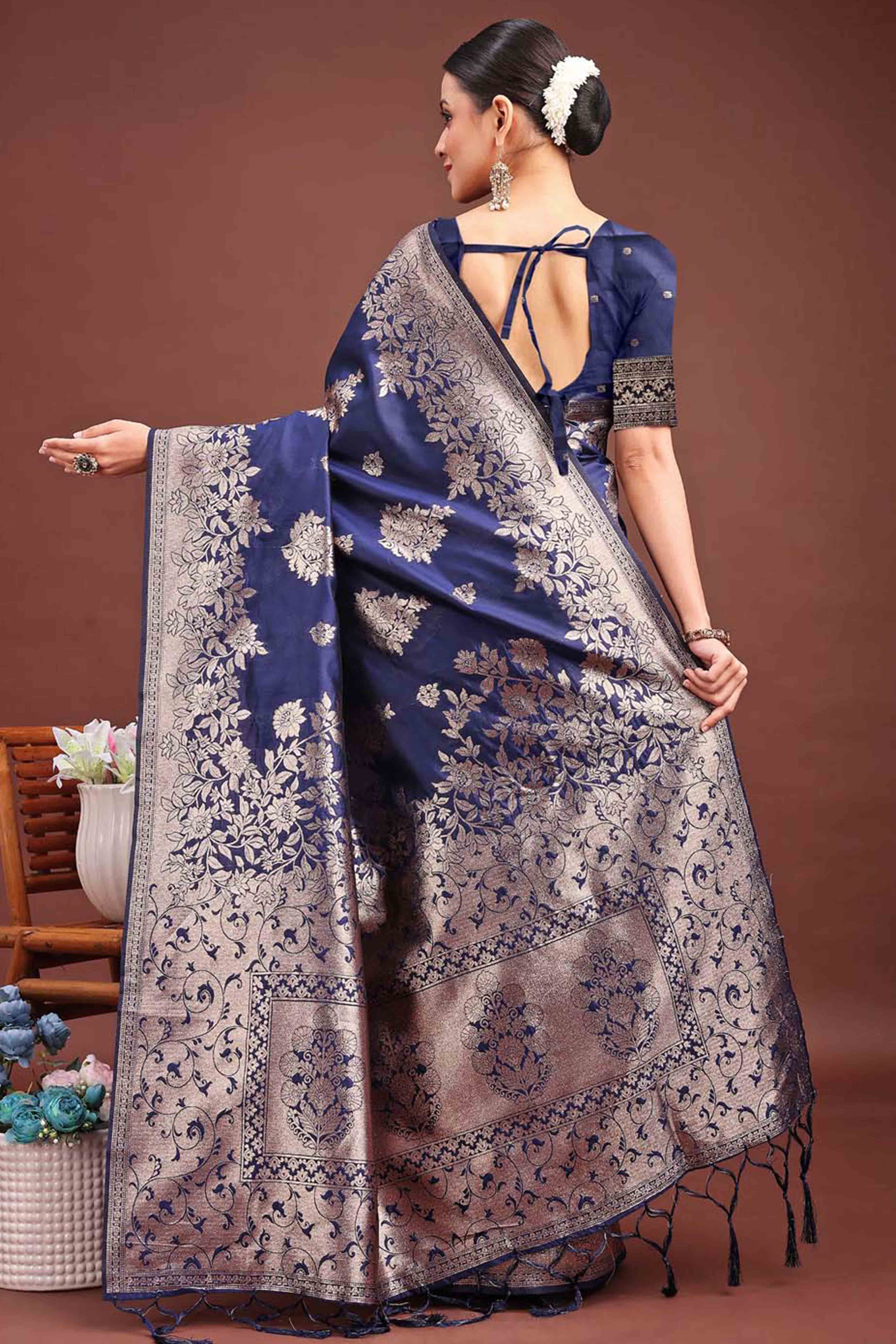 Navy Blue Banarasi Silk Saree With Floral Zari Weaving & Elegant Tassels