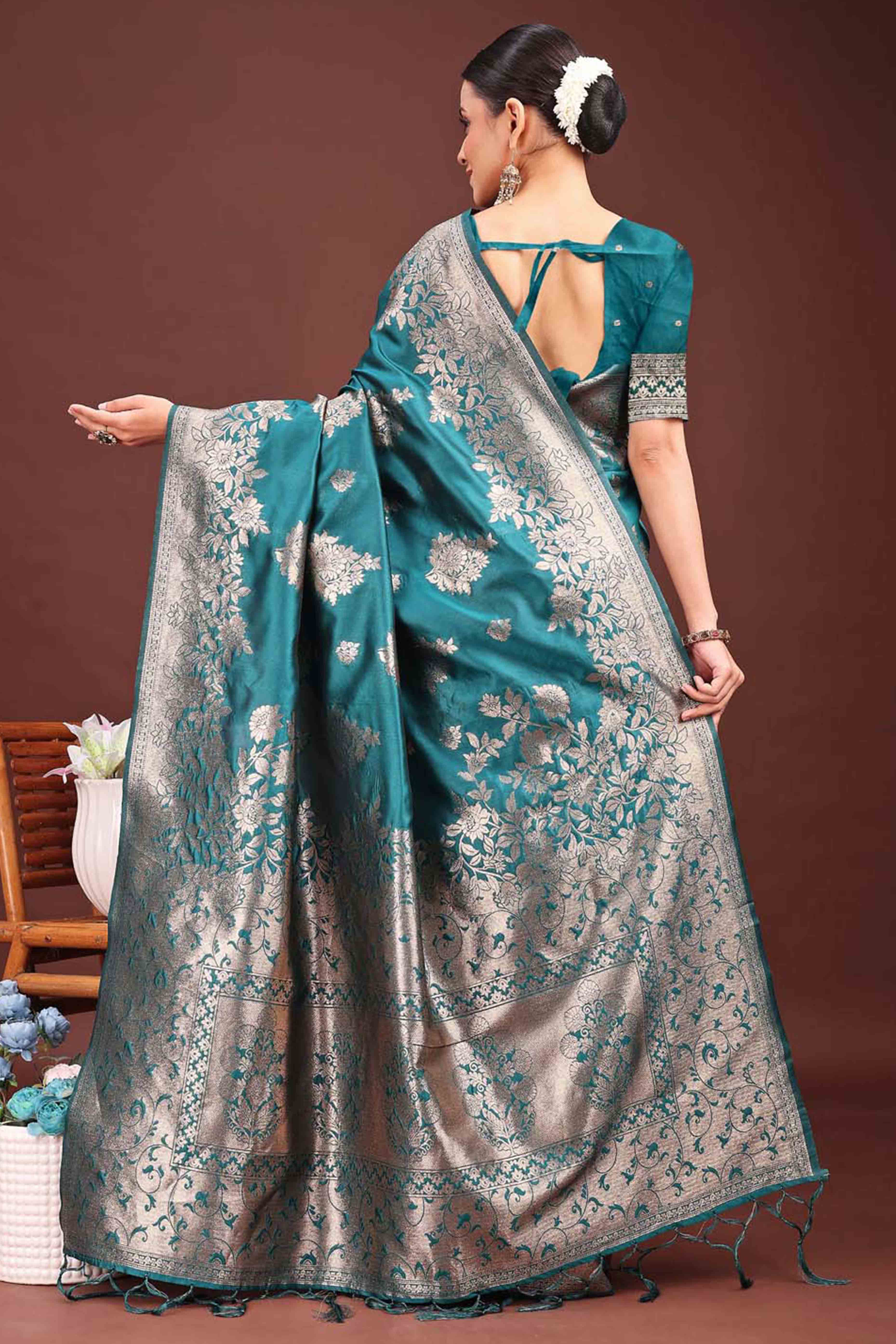 Rama Blue Banarasi Silk Saree With Floral Zari Weaving & Elegant Tassels